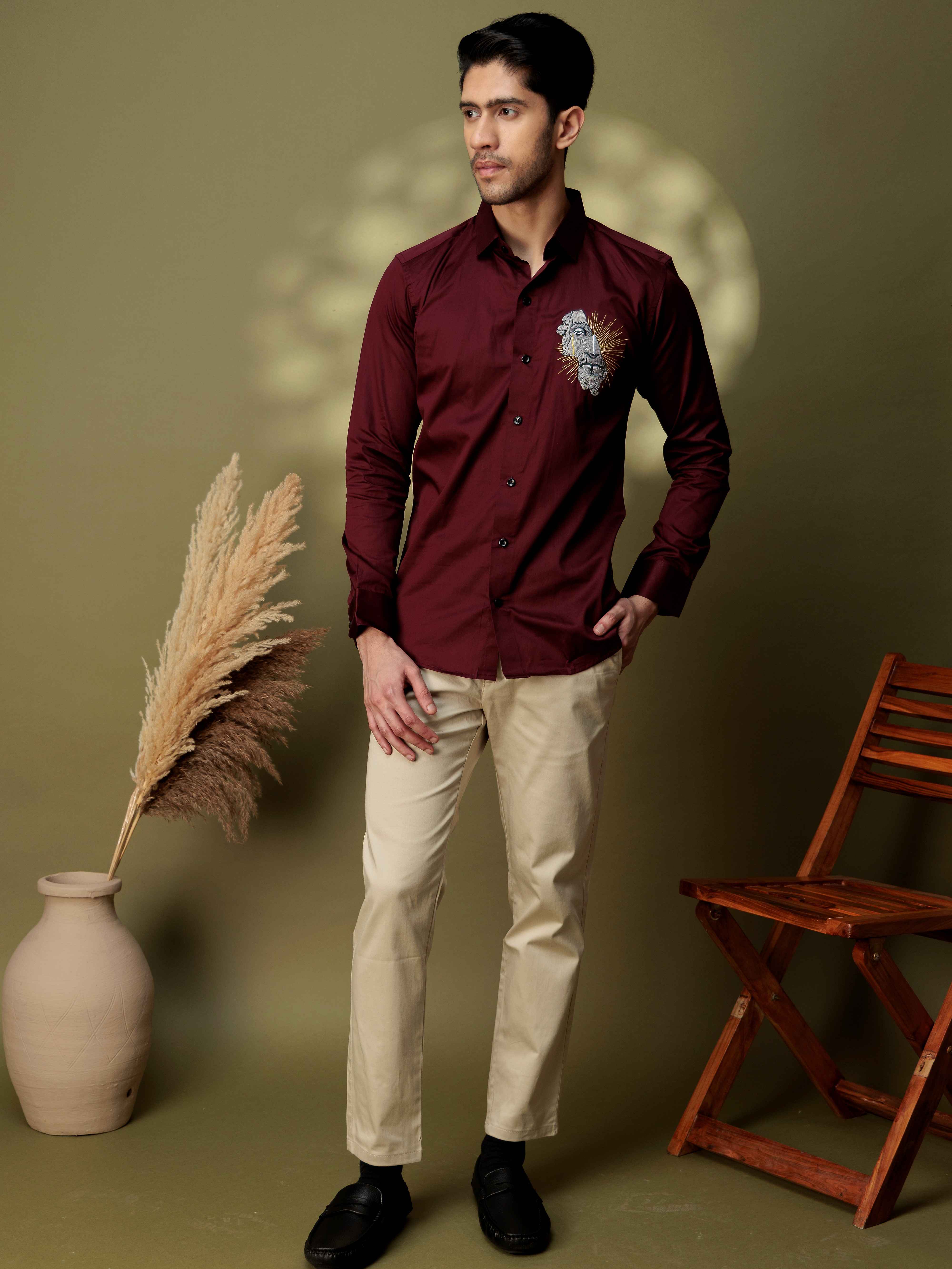 FOOMER GREEK STATUE EMBROIDERY DESIGNER  MAROON SATIN SHIRT FOR MEN - Image 3