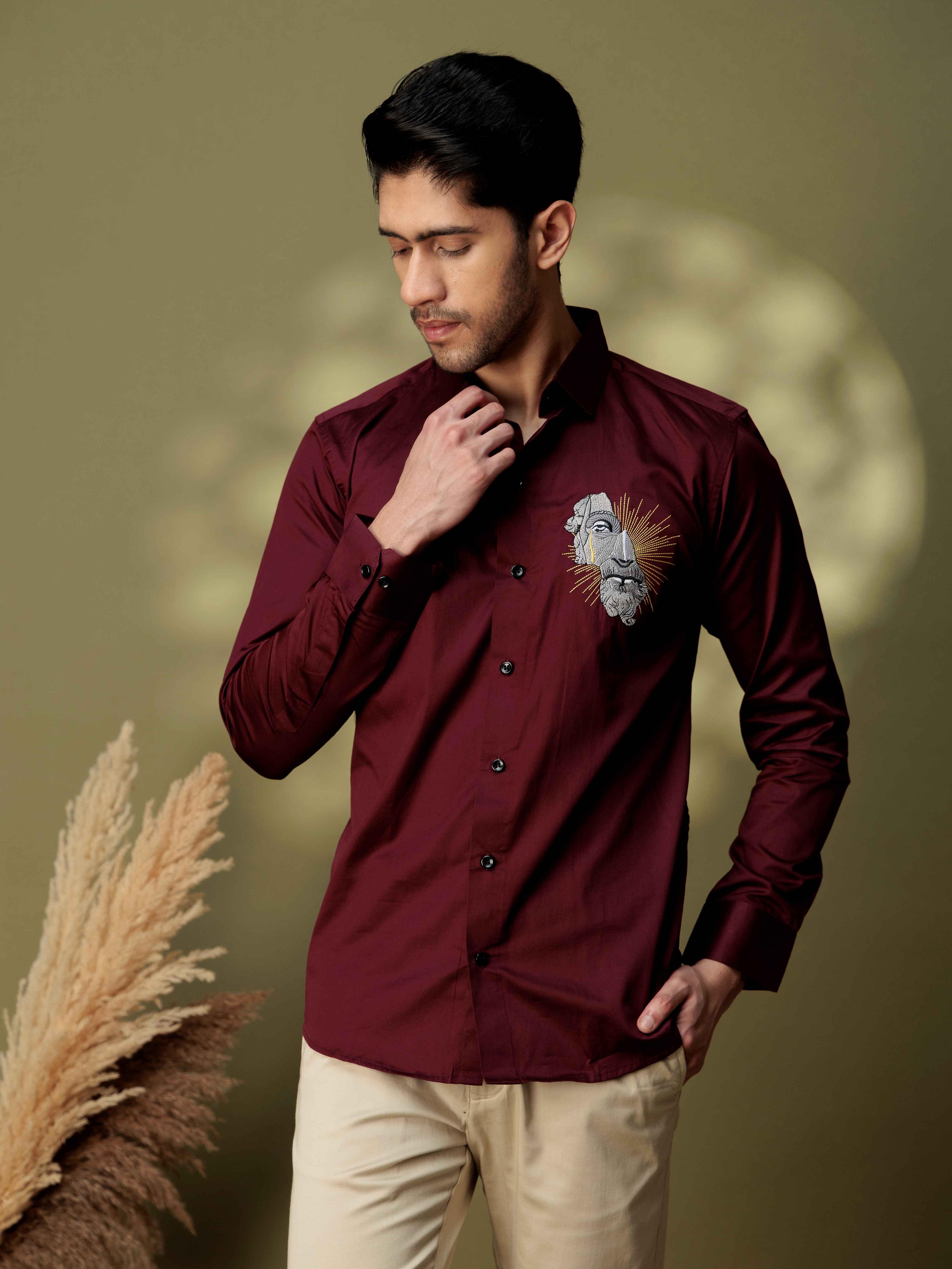 FOOMER GREEK STATUE EMBROIDERY DESIGNER  MAROON SATIN SHIRT FOR MEN - Image 4