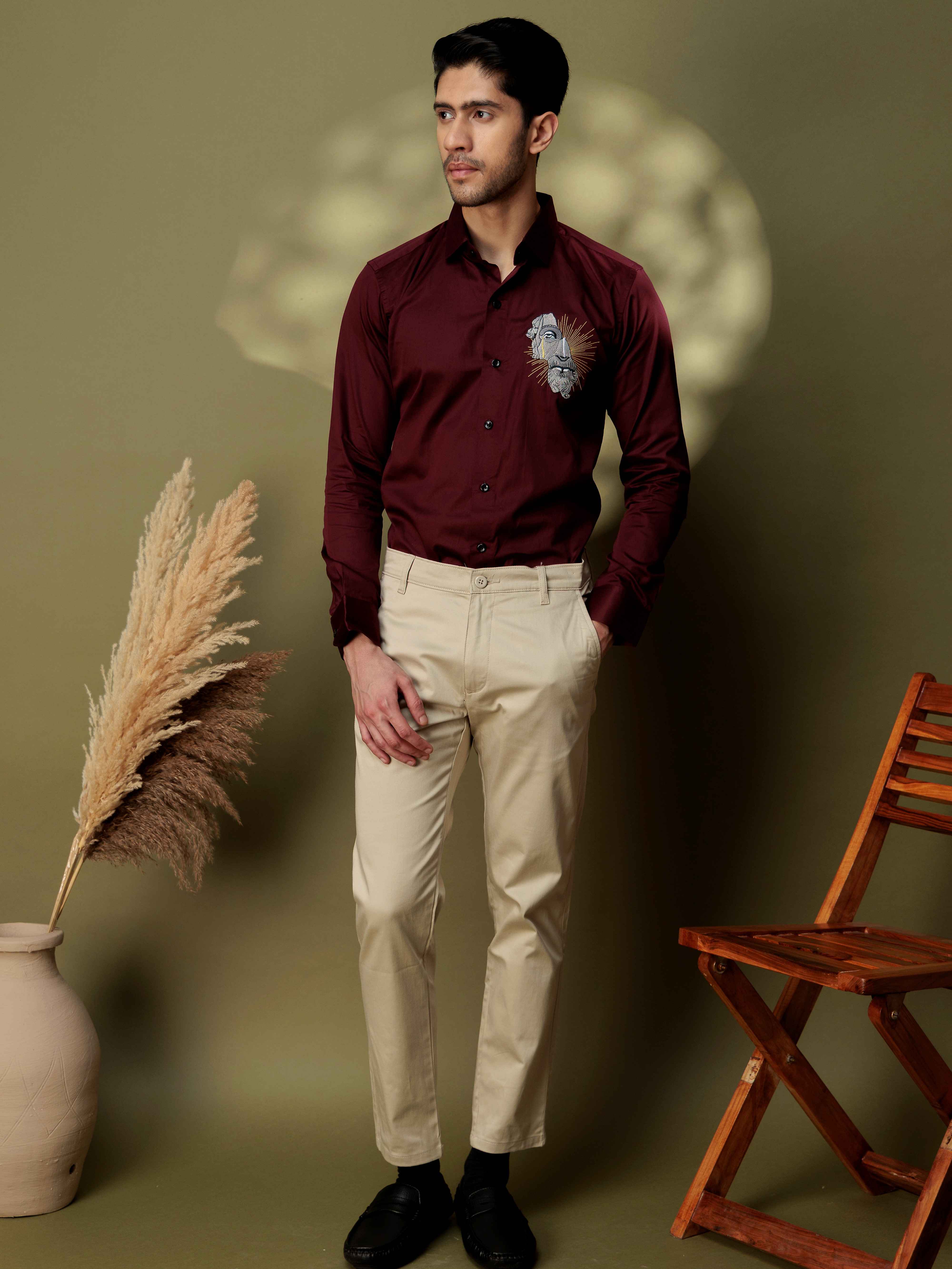FOOMER GREEK STATUE EMBROIDERY DESIGNER  MAROON SATIN SHIRT FOR MEN - Image 5