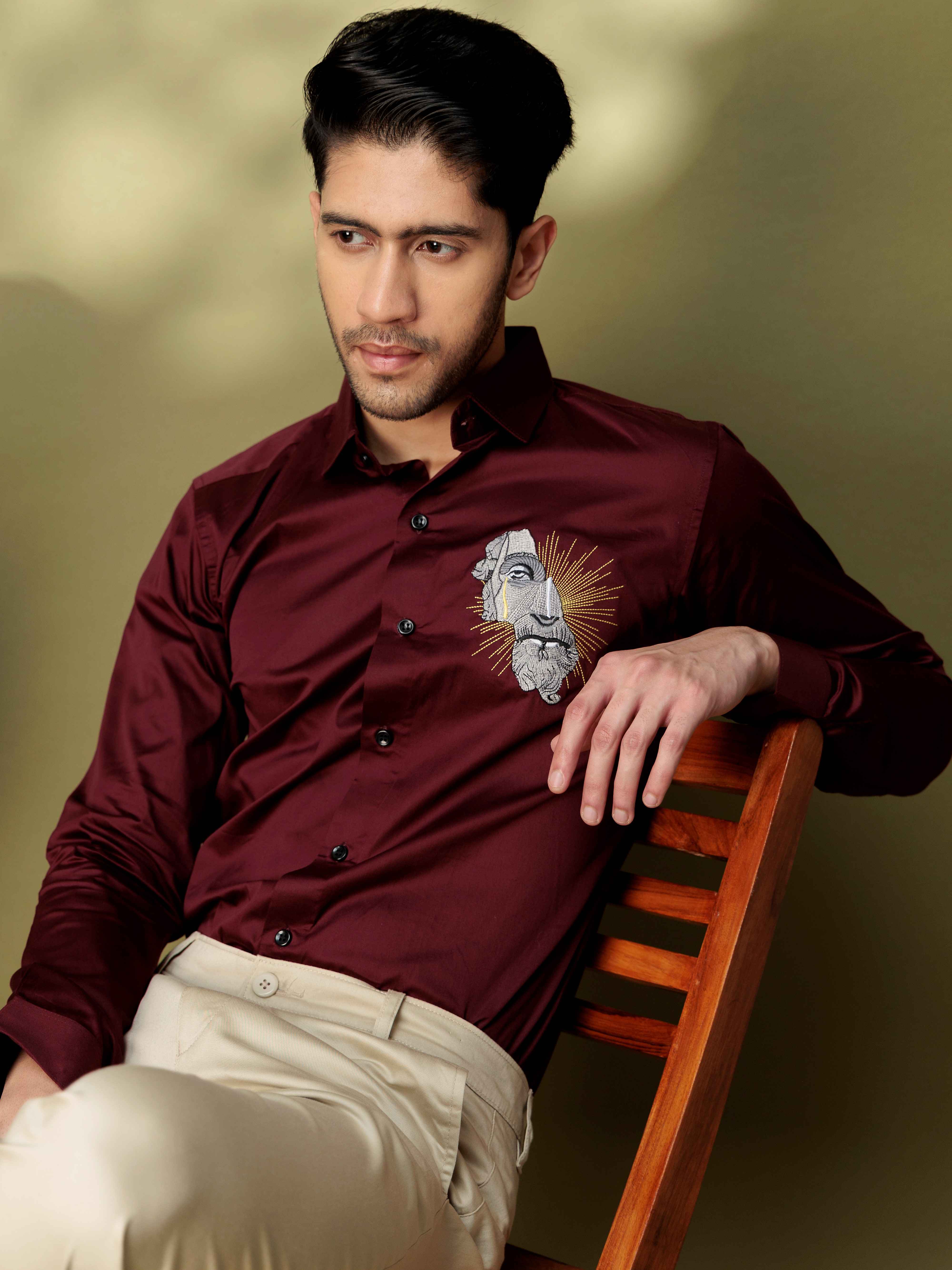 FOOMER GREEK STATUE EMBROIDERY DESIGNER  MAROON SATIN SHIRT FOR MEN - Image 6
