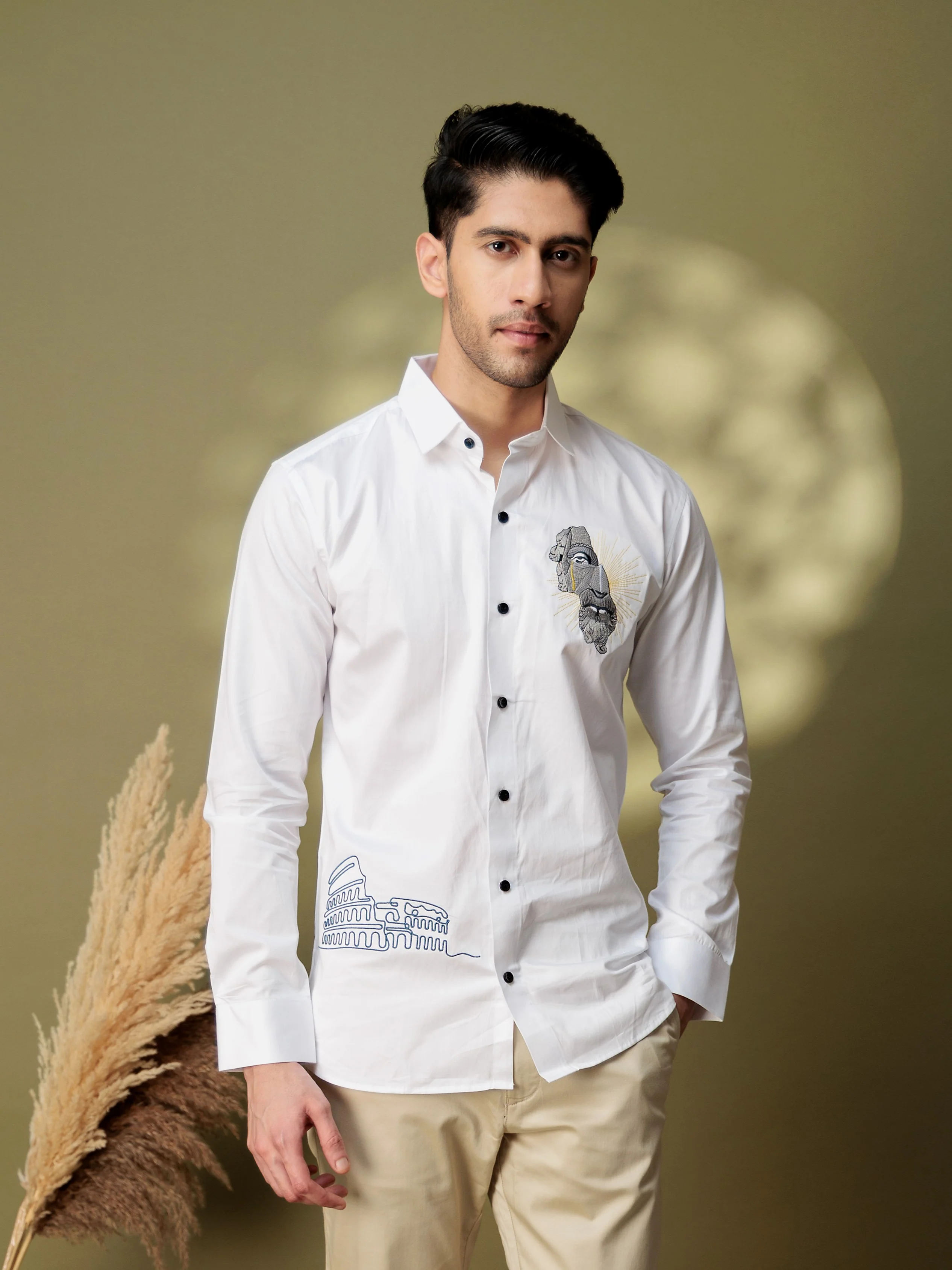 FOOMER GREEK BUILDING EMBROIDERY DESIGNER WHITE SATIN SHIRT FOR MEN - Image 4