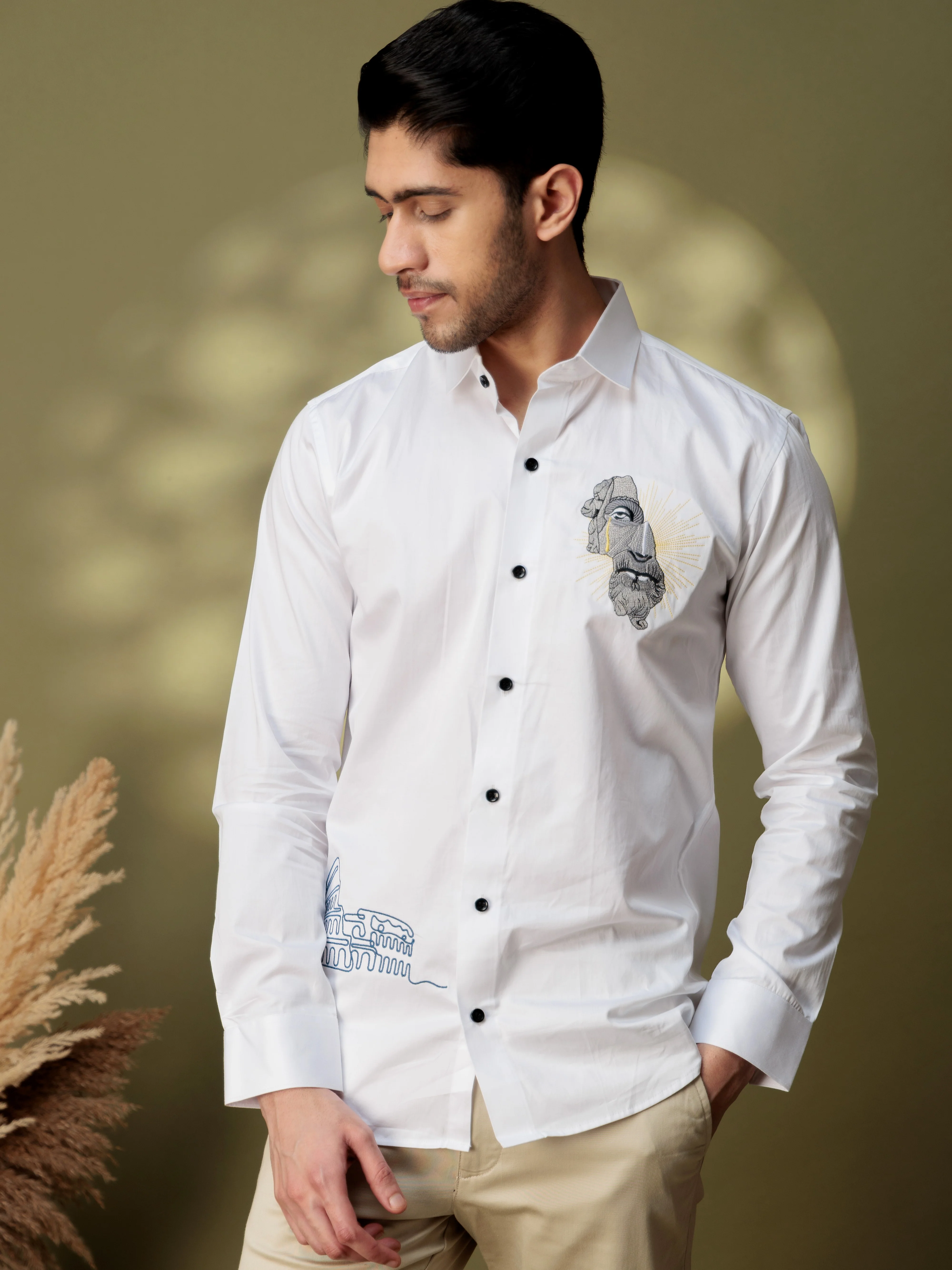 FOOMER GREEK BUILDING EMBROIDERY DESIGNER WHITE SATIN SHIRT FOR MEN - Image 5