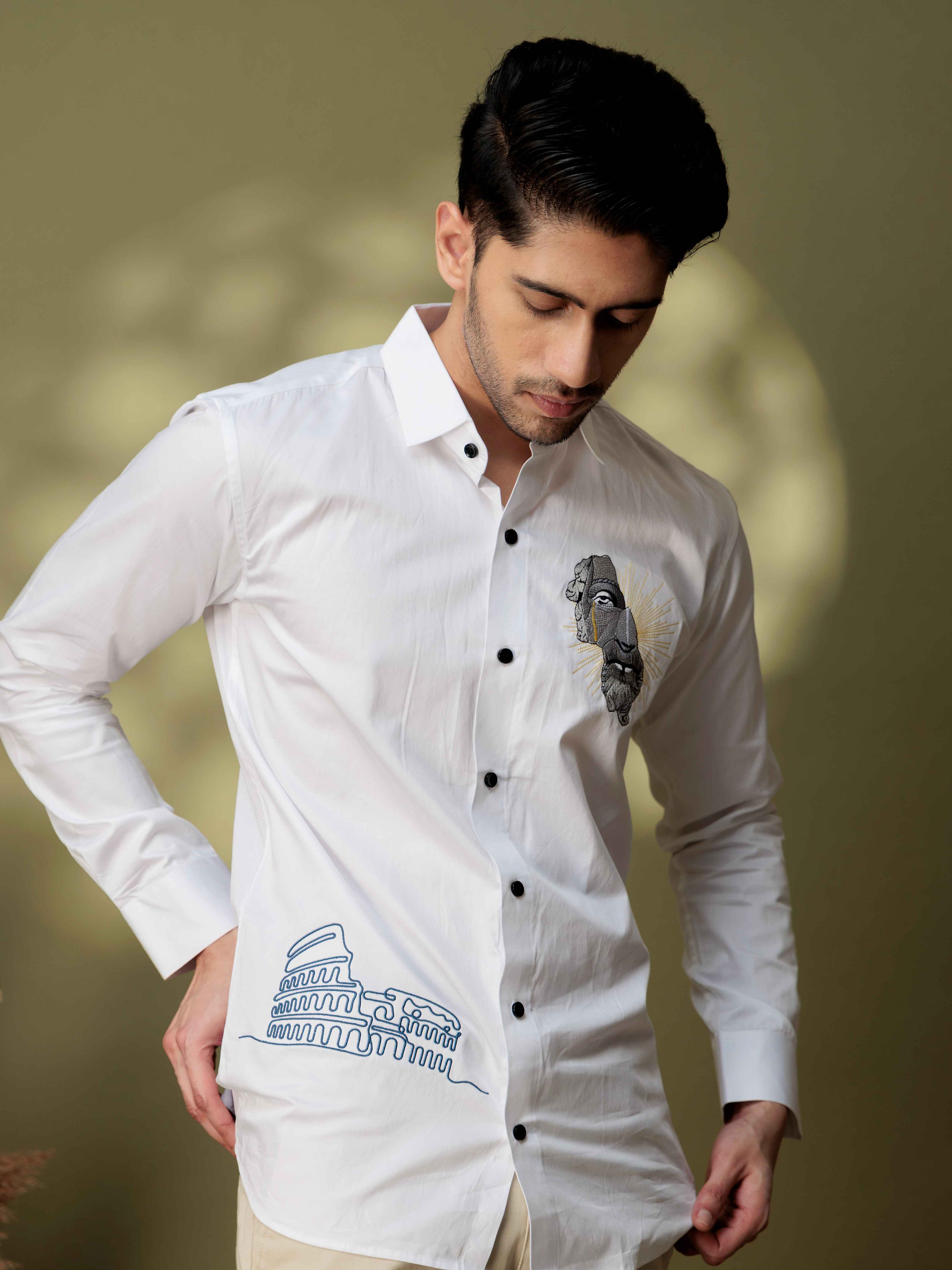 FOOMER GREEK BUILDING EMBROIDERY DESIGNER WHITE SATIN SHIRT FOR MEN - Image 6