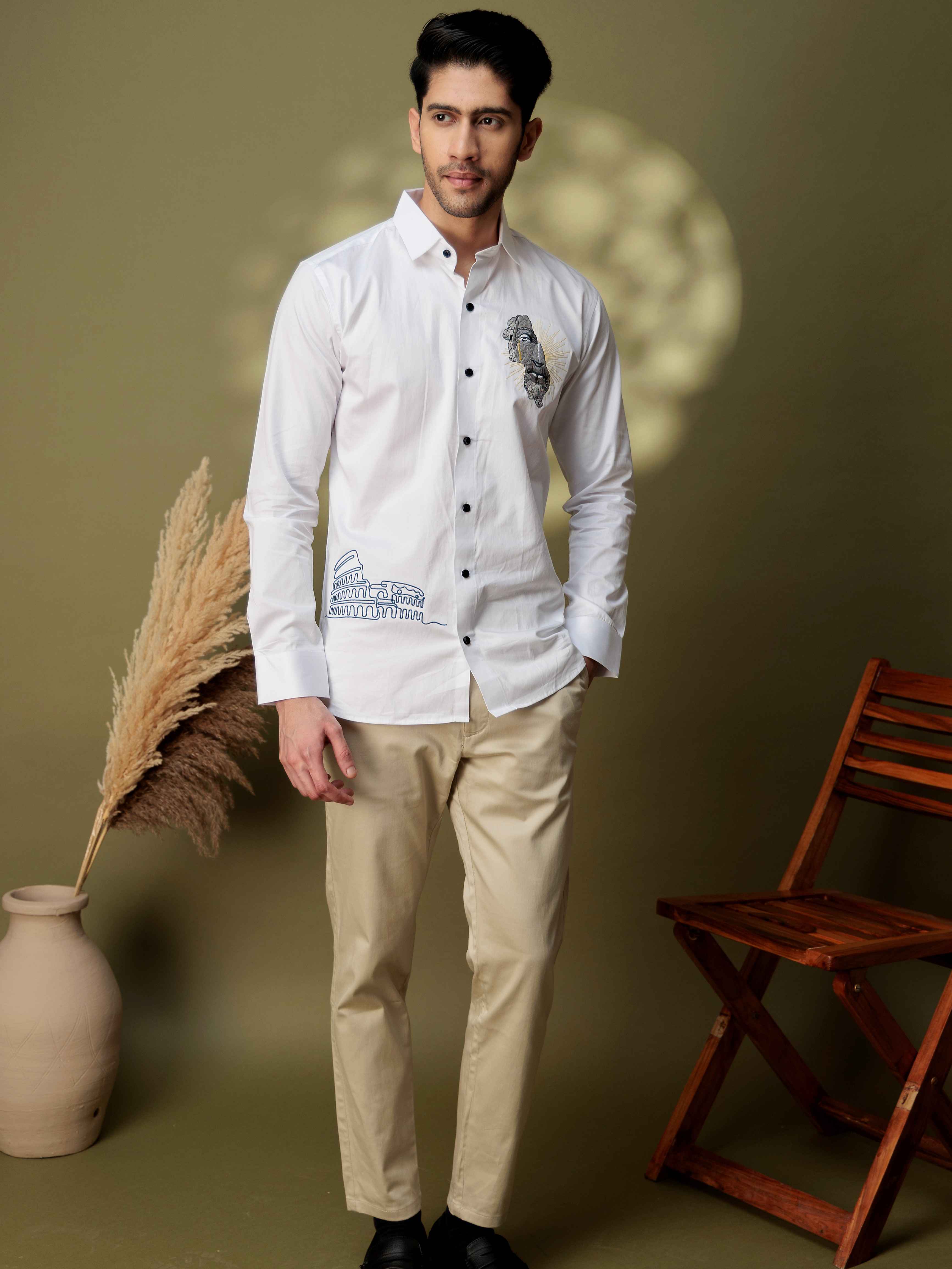 FOOMER GREEK BUILDING EMBROIDERY DESIGNER WHITE SATIN SHIRT FOR MEN - Image 7