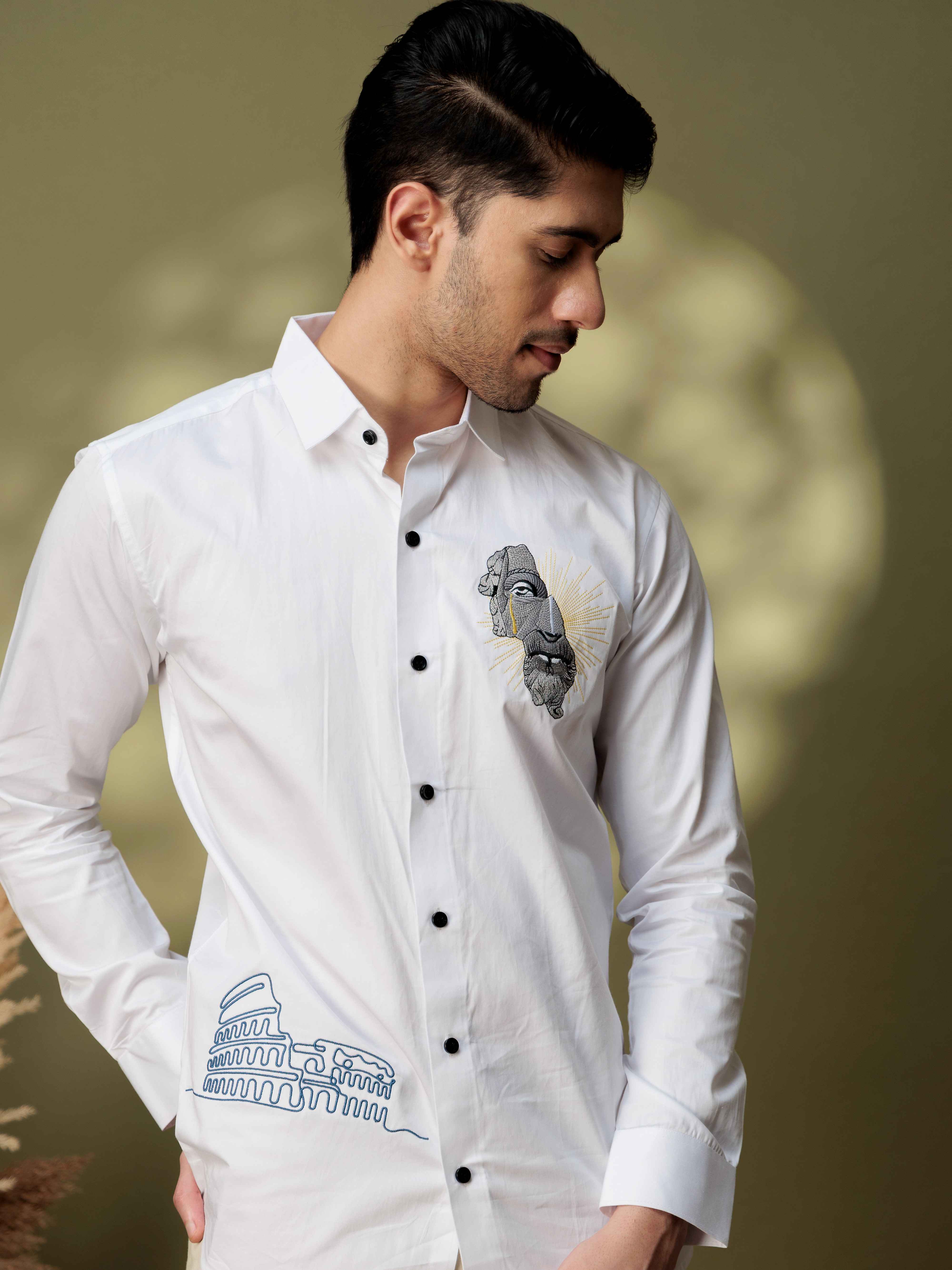 FOOMER GREEK BUILDING EMBROIDERY DESIGNER WHITE SATIN SHIRT FOR MEN - Image 8
