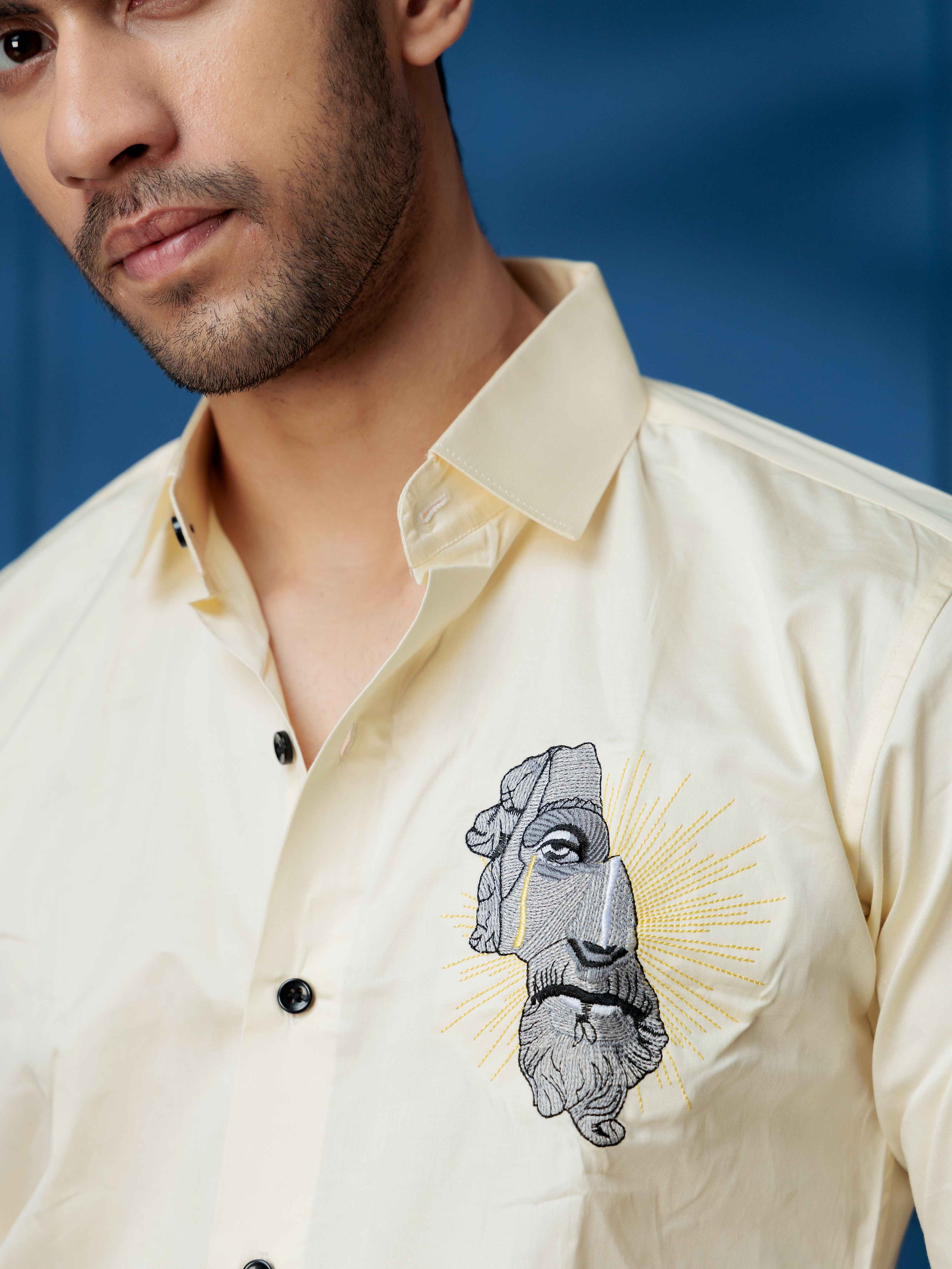 FOOMER GREEK STATUE EMBROIDERY DESIGNER YELLOW SATIN SHIRT FOR MEN - Image 3