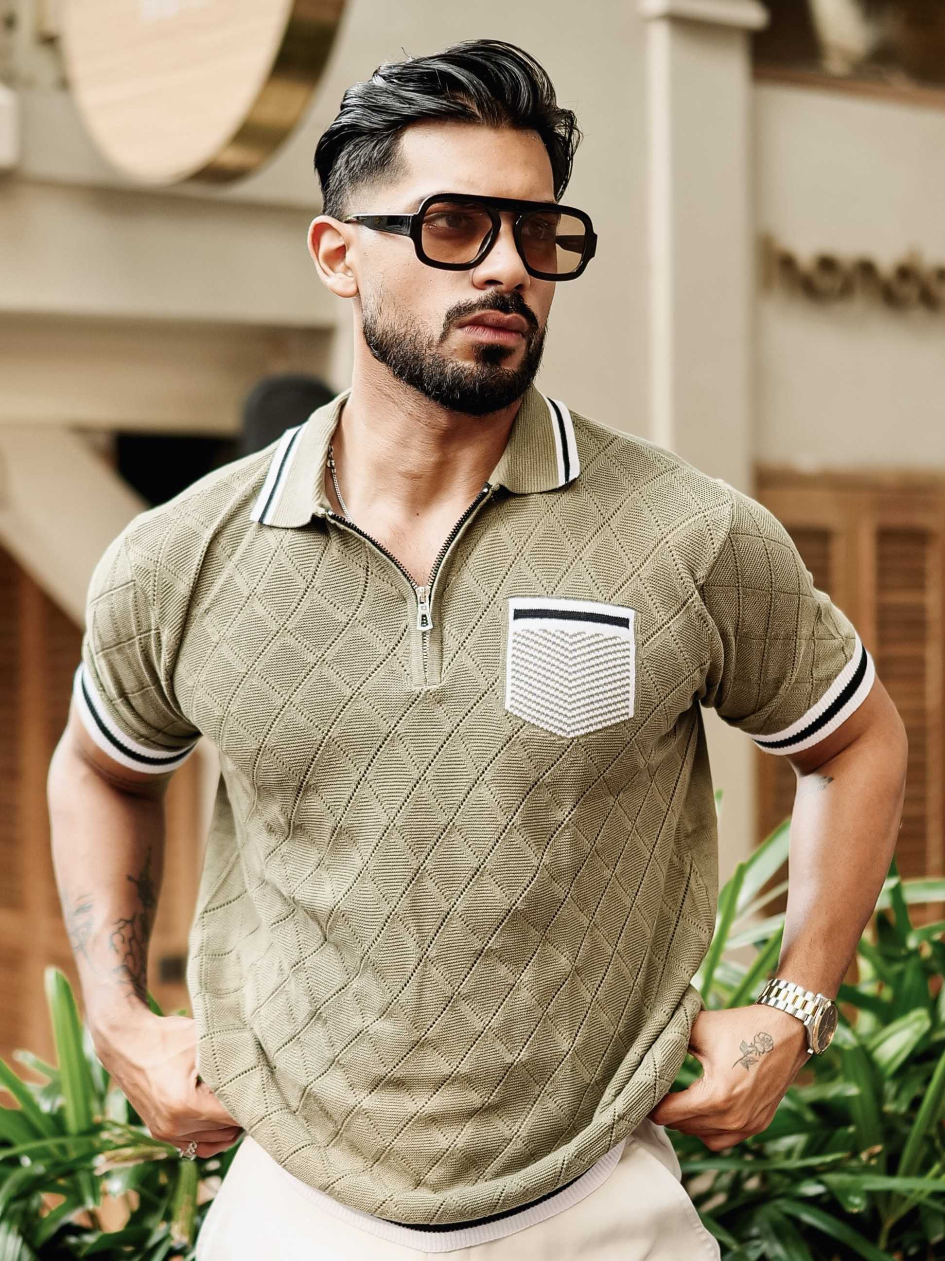 FOOMER GREEN HALF SLEEVE KNITTED TSHIRT FOR MEN'S