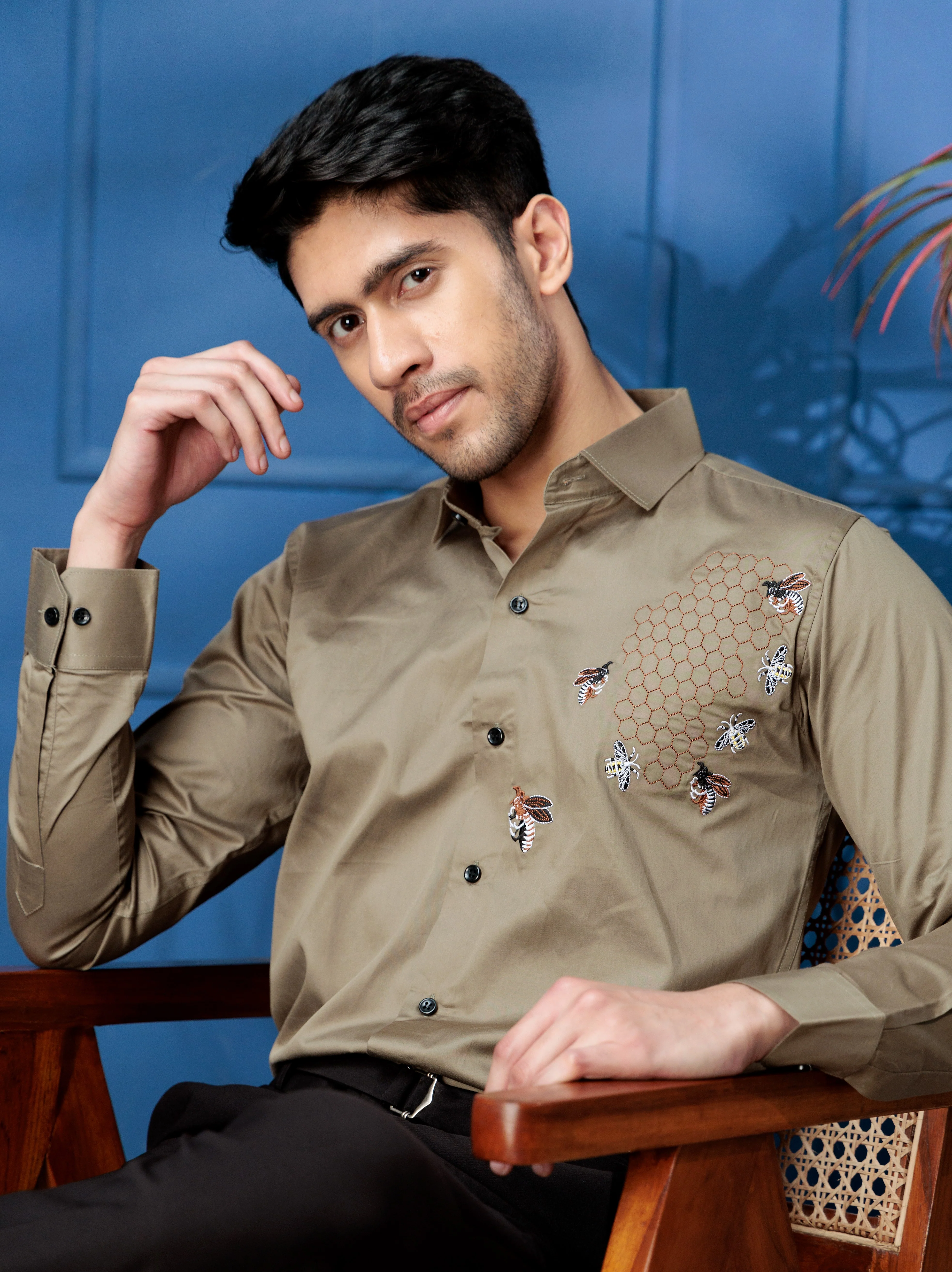 FOOMER GREEN HONEY BEES EMBROIDERED CLUB WEAR SATIN COTTON SHIRT - Image 3