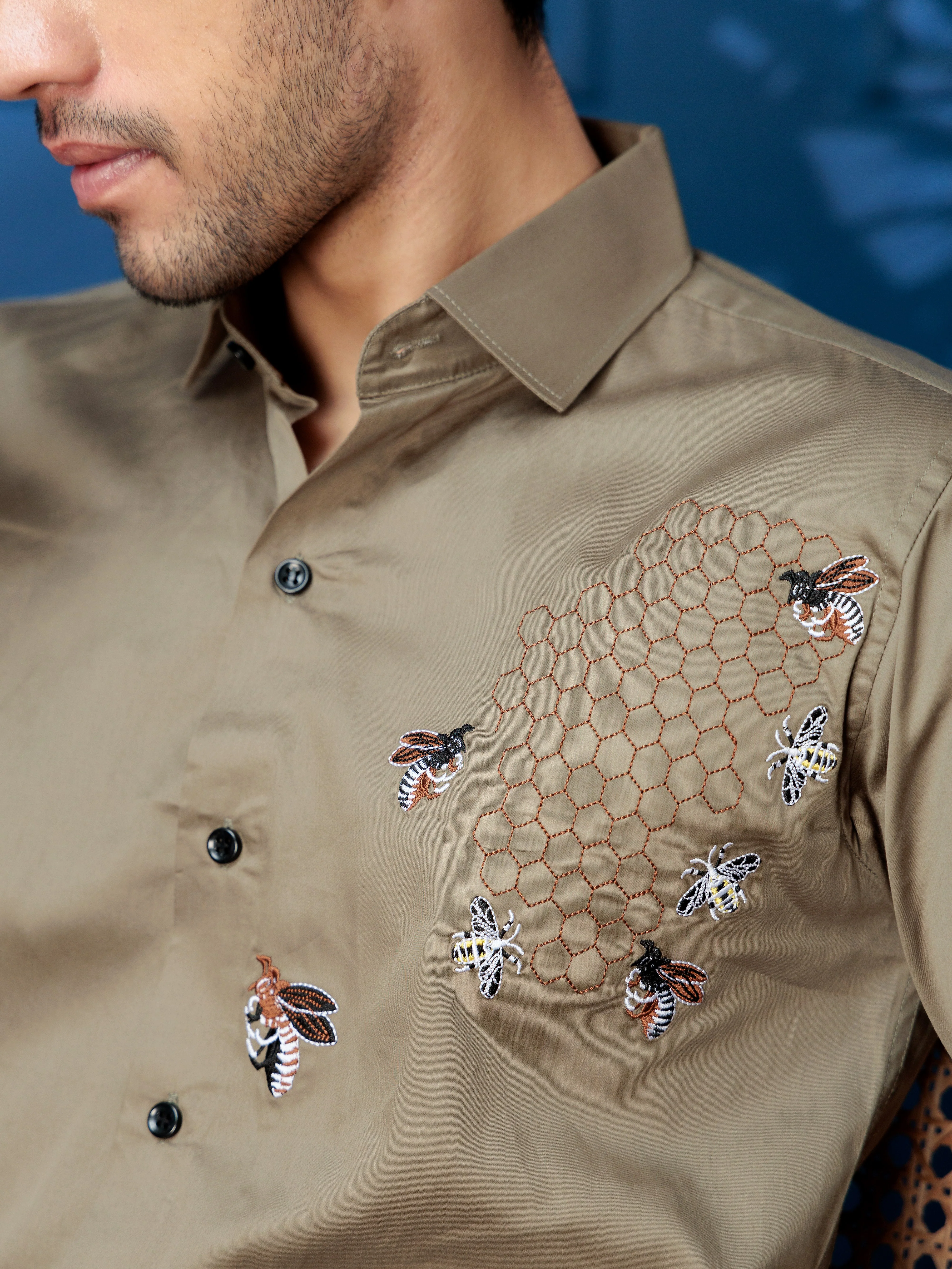 FOOMER GREEN HONEY BEES EMBROIDERED CLUB WEAR SATIN COTTON SHIRT - Image 4