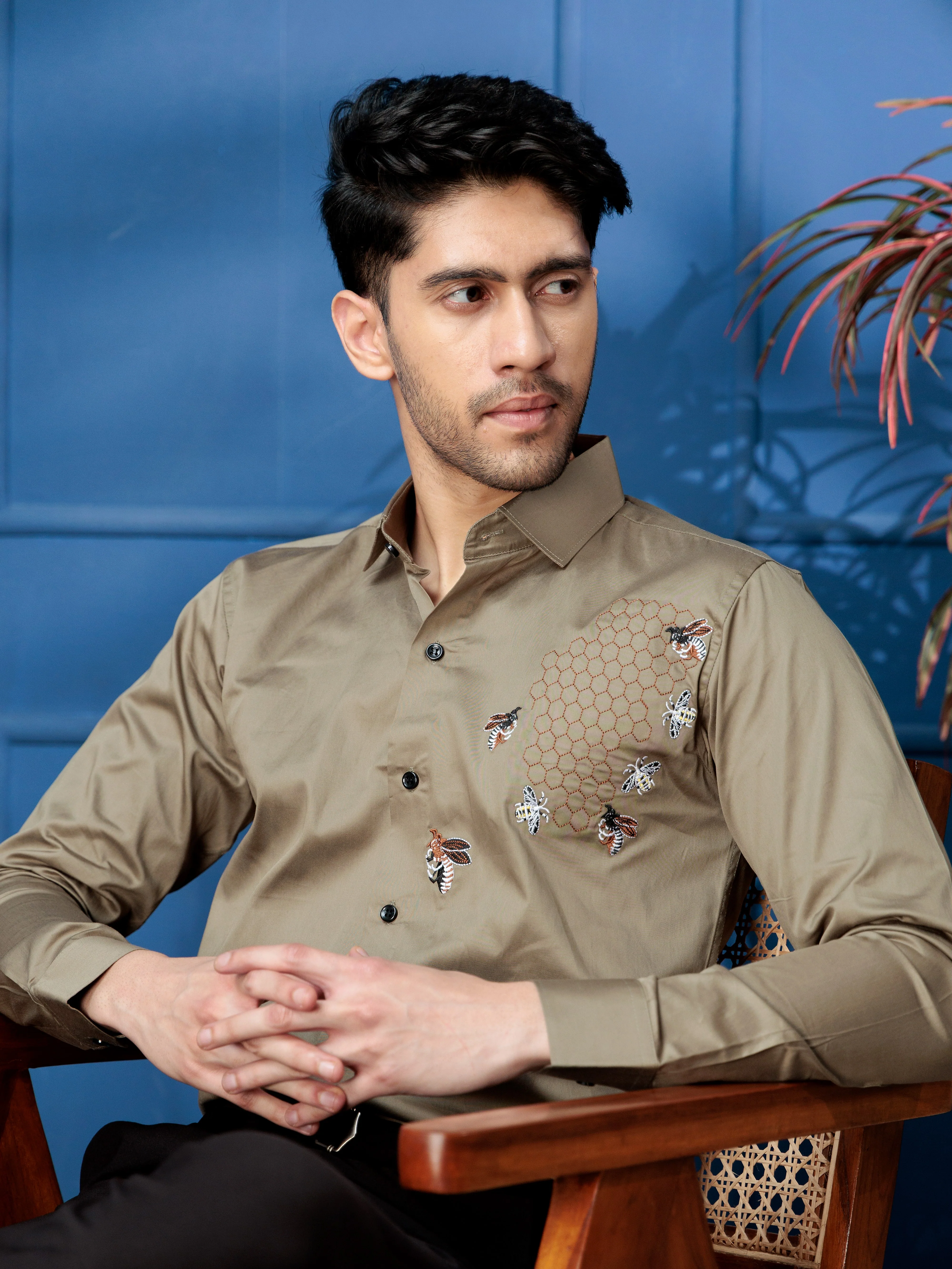 FOOMER GREEN HONEY BEES EMBROIDERED CLUB WEAR SATIN COTTON SHIRT - Image 5