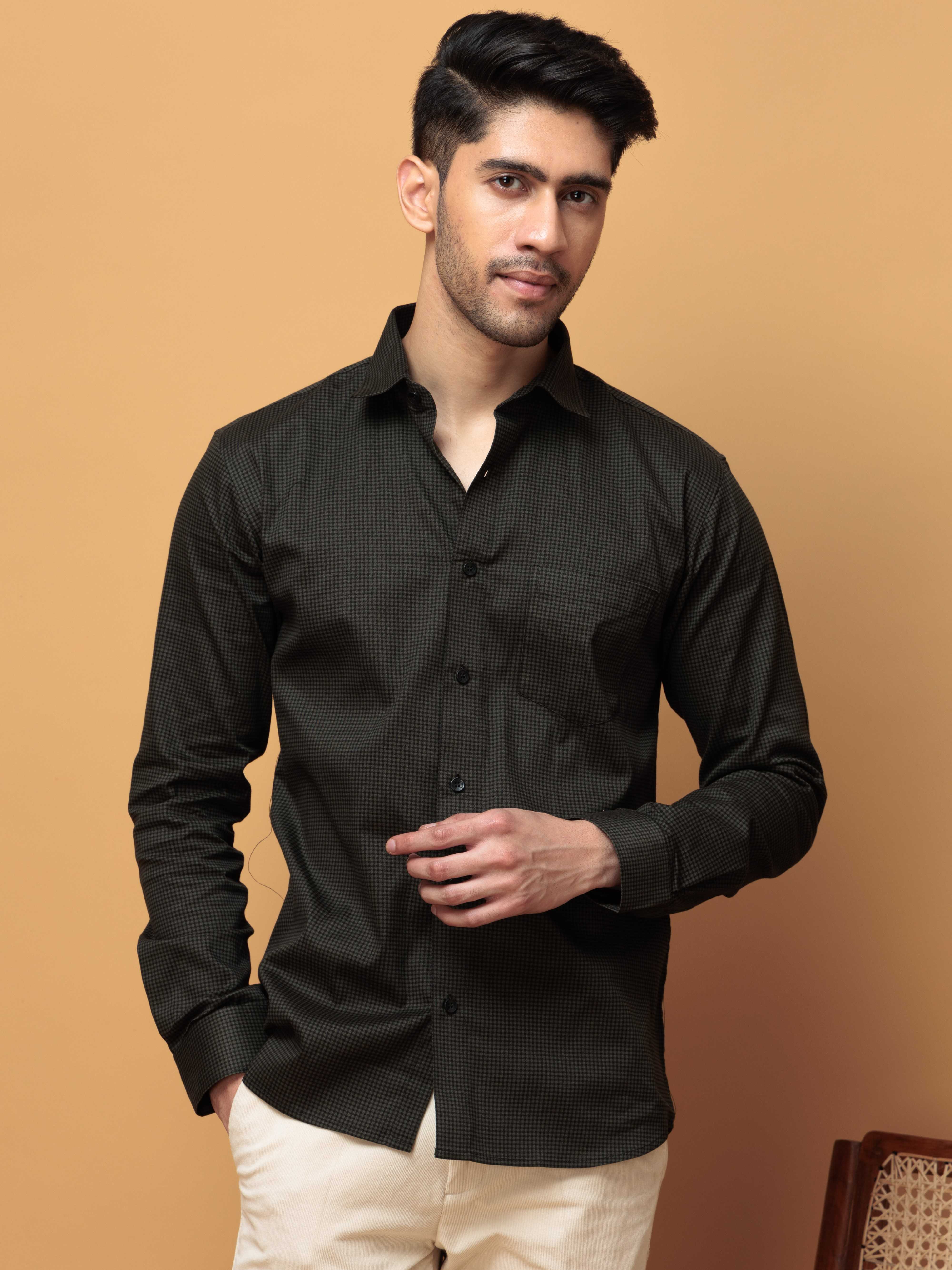 FOOMER GREEN MINI CHECKED COTTON CASUAL SHIRT FOR MEN'S