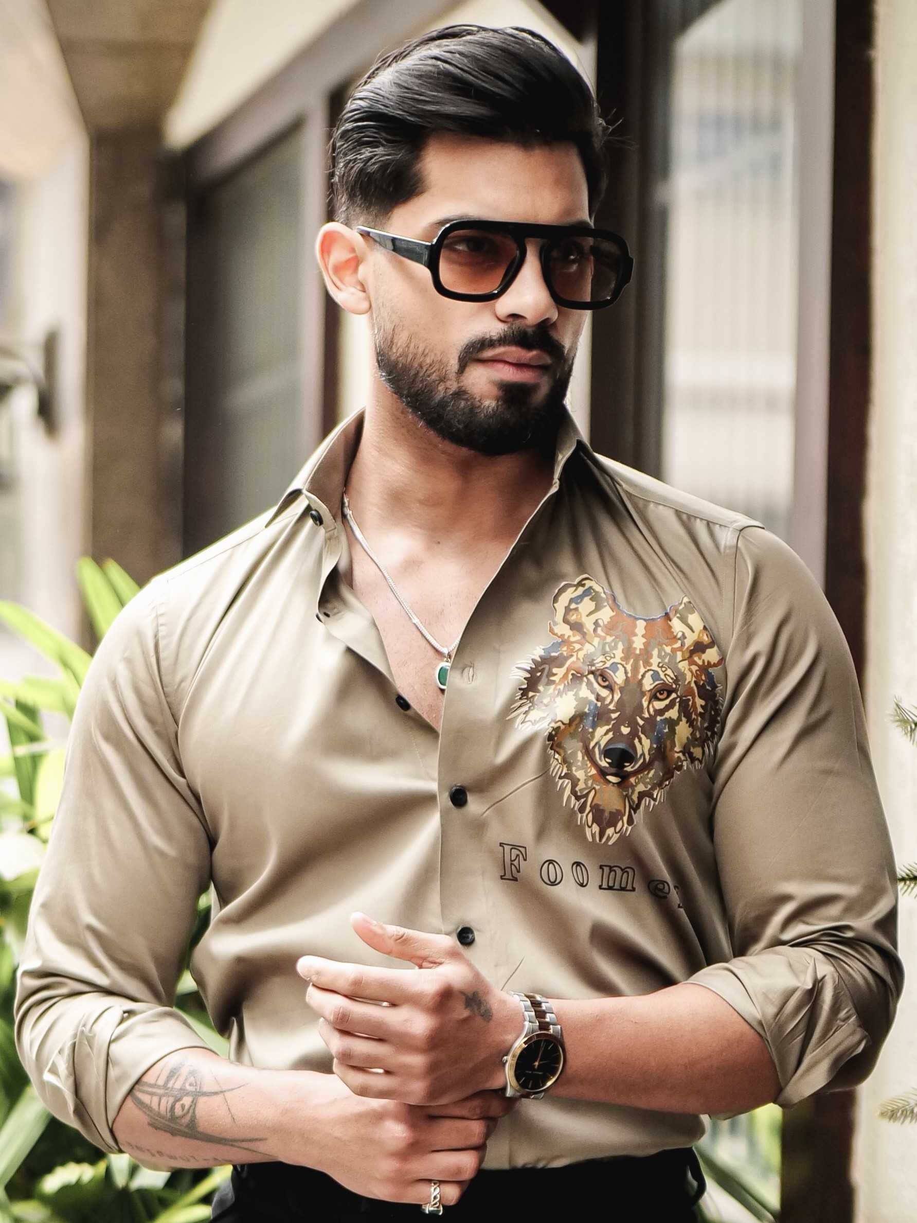 FOOMER GREEN WOLVE PRINTED SATIN COTTON SHIRT FOR MEN'S