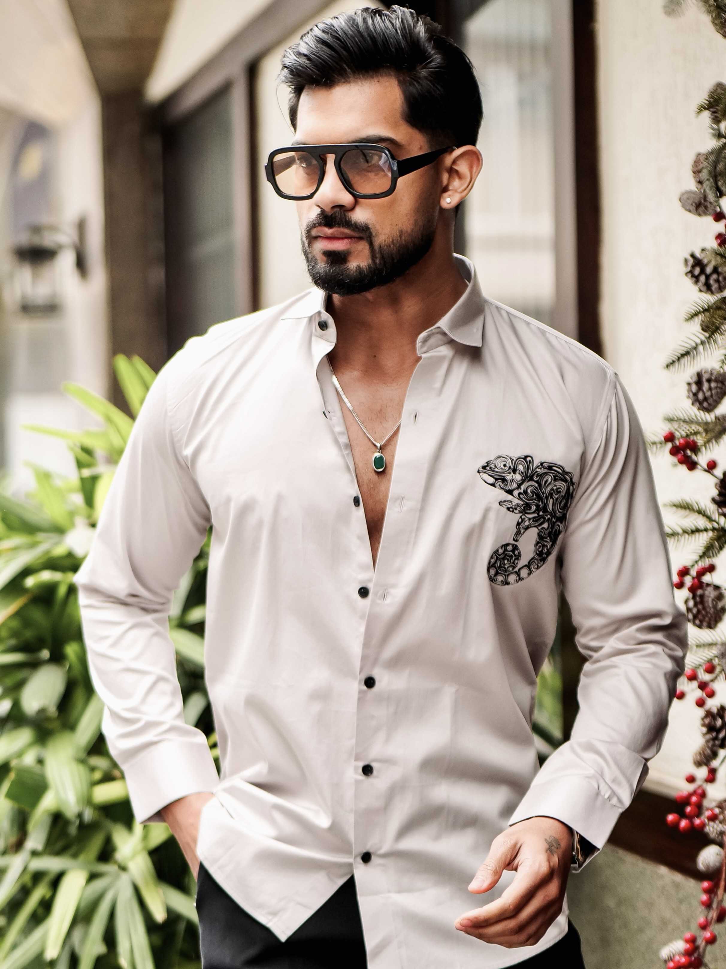 FOOMER GREY EMBROIDERED DESIGNER SHIRT FOR MEN'S