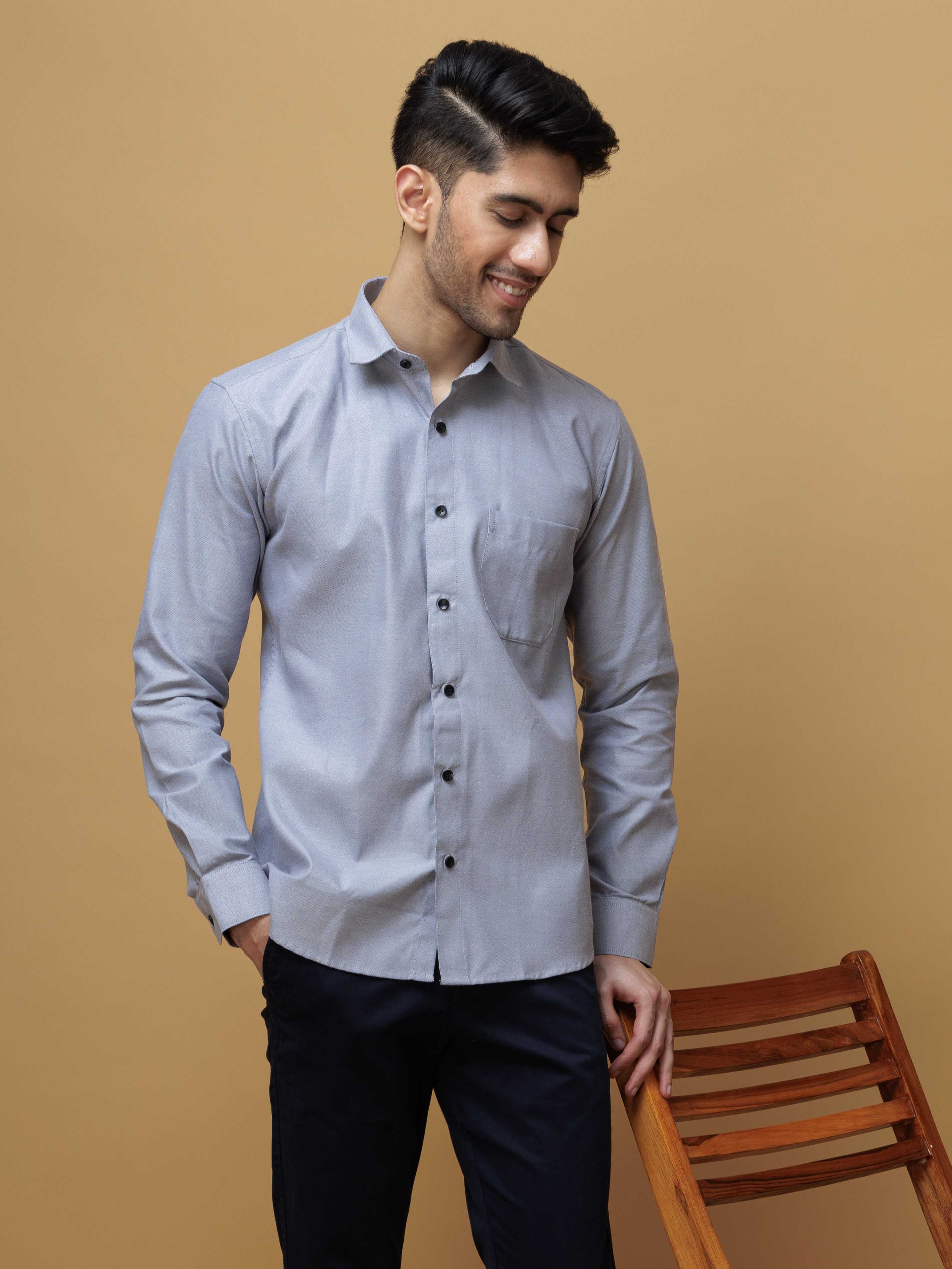 FORMAL GREY PLAIN OXFORD PREMIUM COTTON CASUAL SHIRT FOR MEN'S - Image 3
