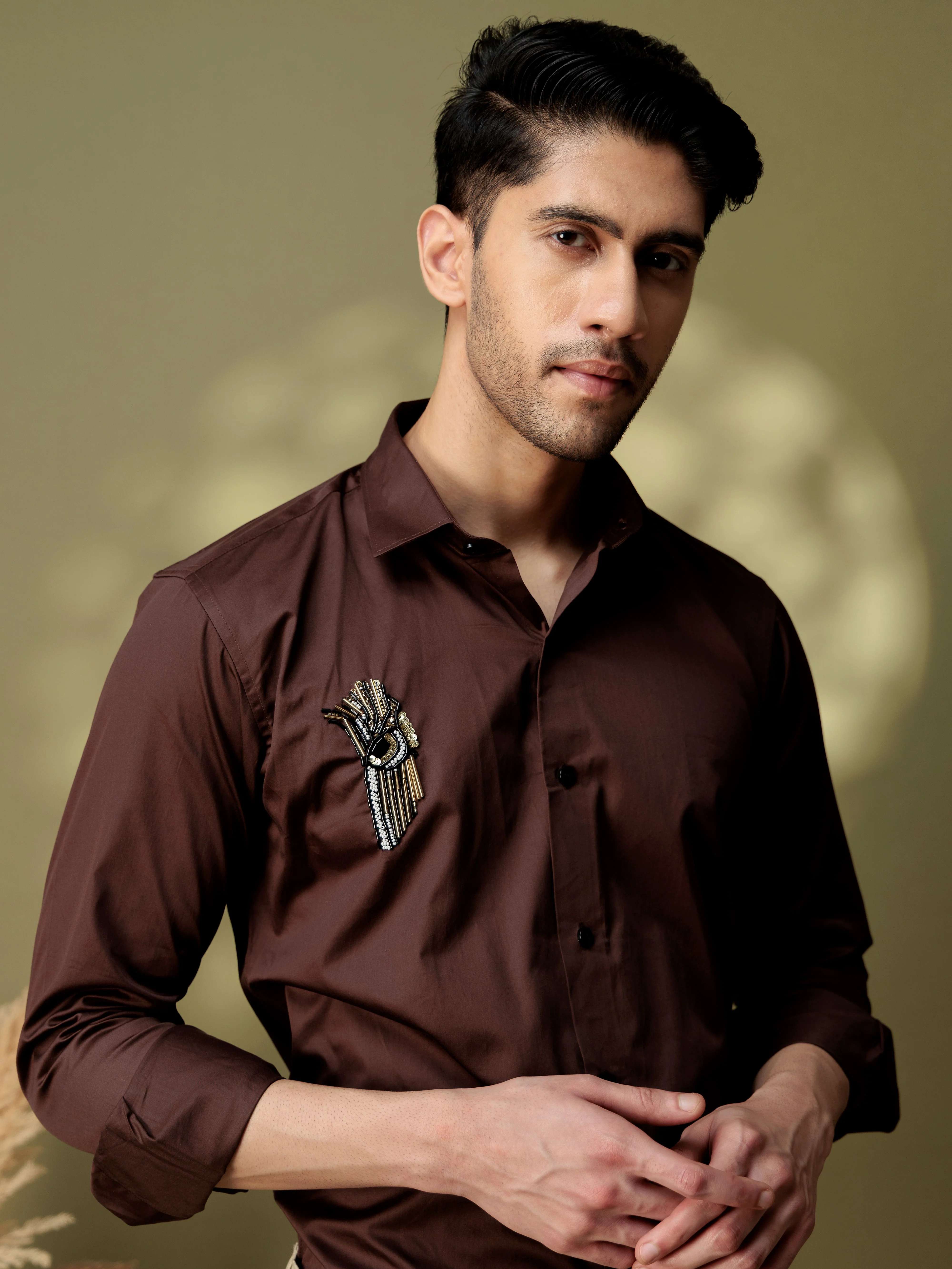 FOOMER HD BROWN RHINESTONE HAND WORK SATIN COTTON SHIRT - Image 10