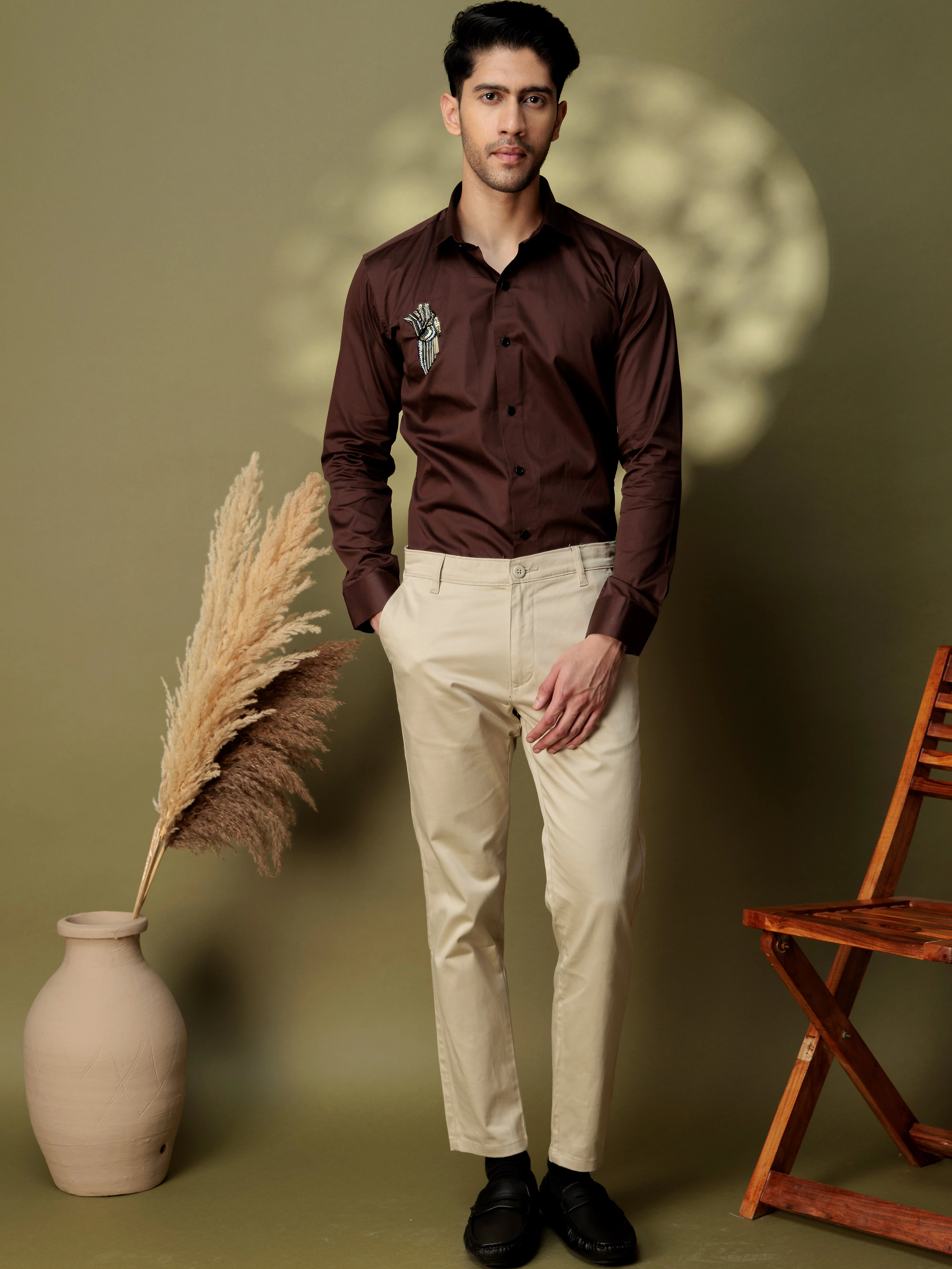 FOOMER HD BROWN RHINESTONE HAND WORK SATIN COTTON SHIRT - Image 6