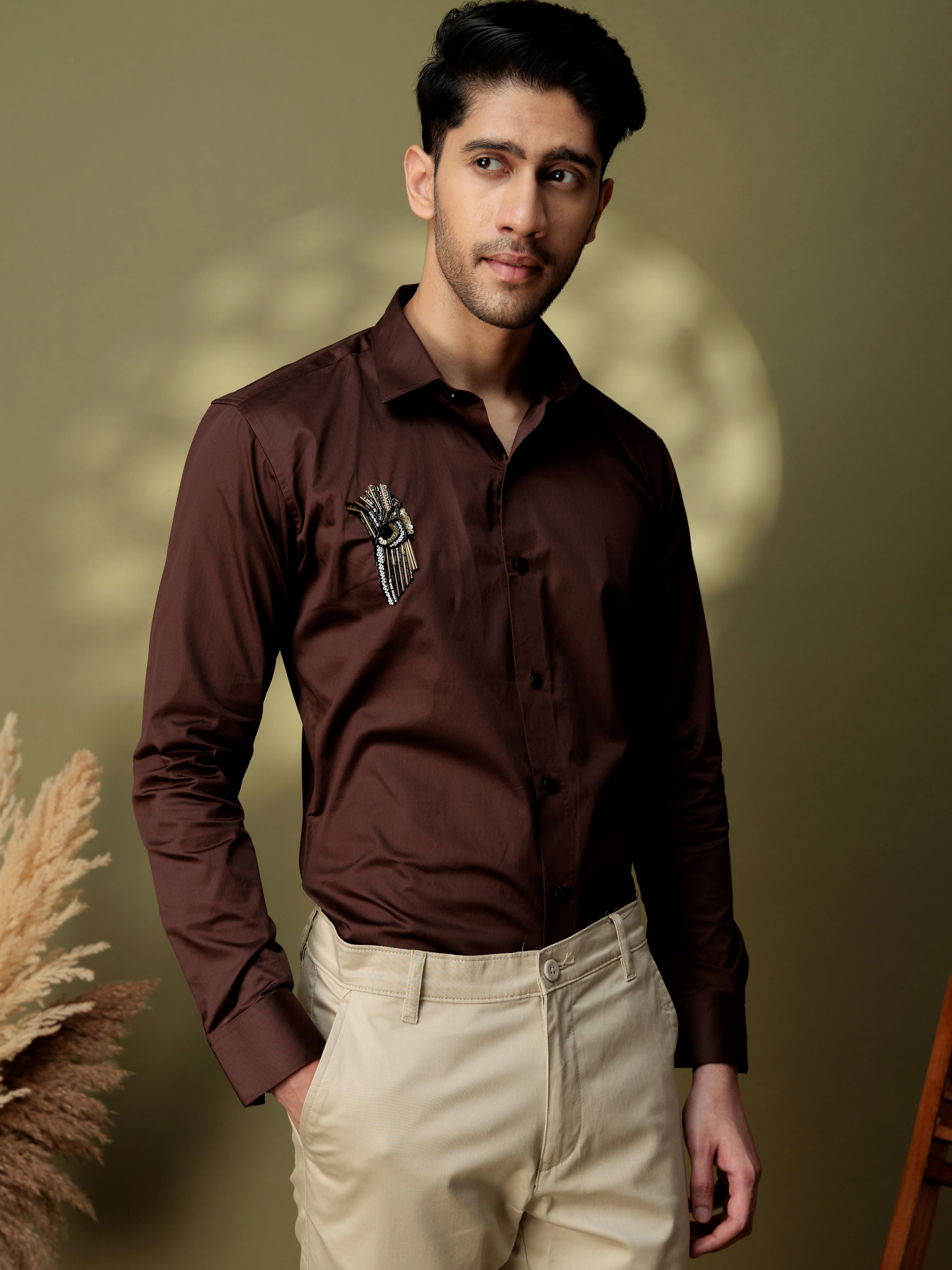 FOOMER HD BROWN RHINESTONE HAND WORK SATIN COTTON SHIRT - Image 8