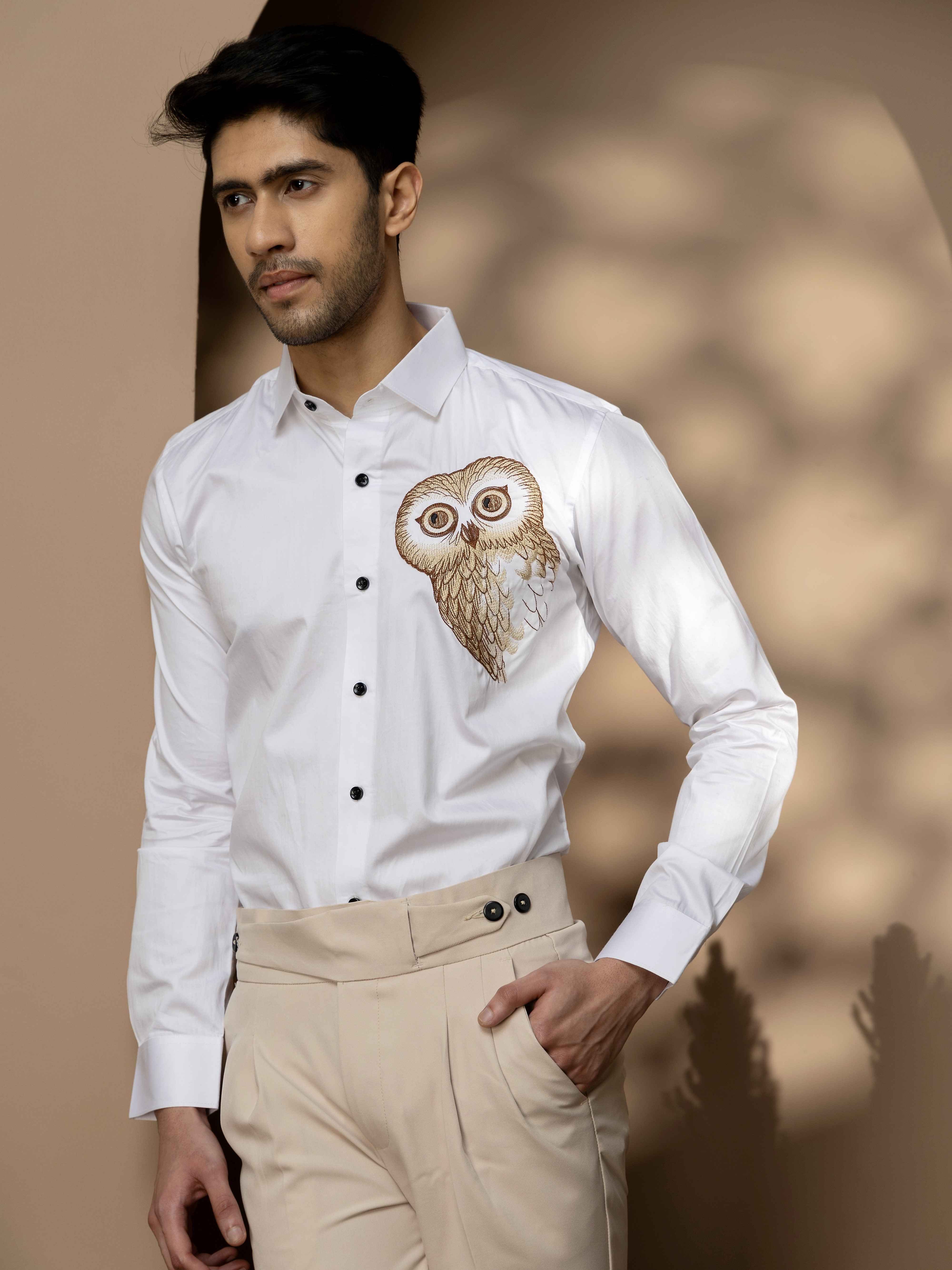 FOOMER HOOTER WHITE EMBROIDERED CLUB WEAR SATIN COTTON SHIRT - Image 4