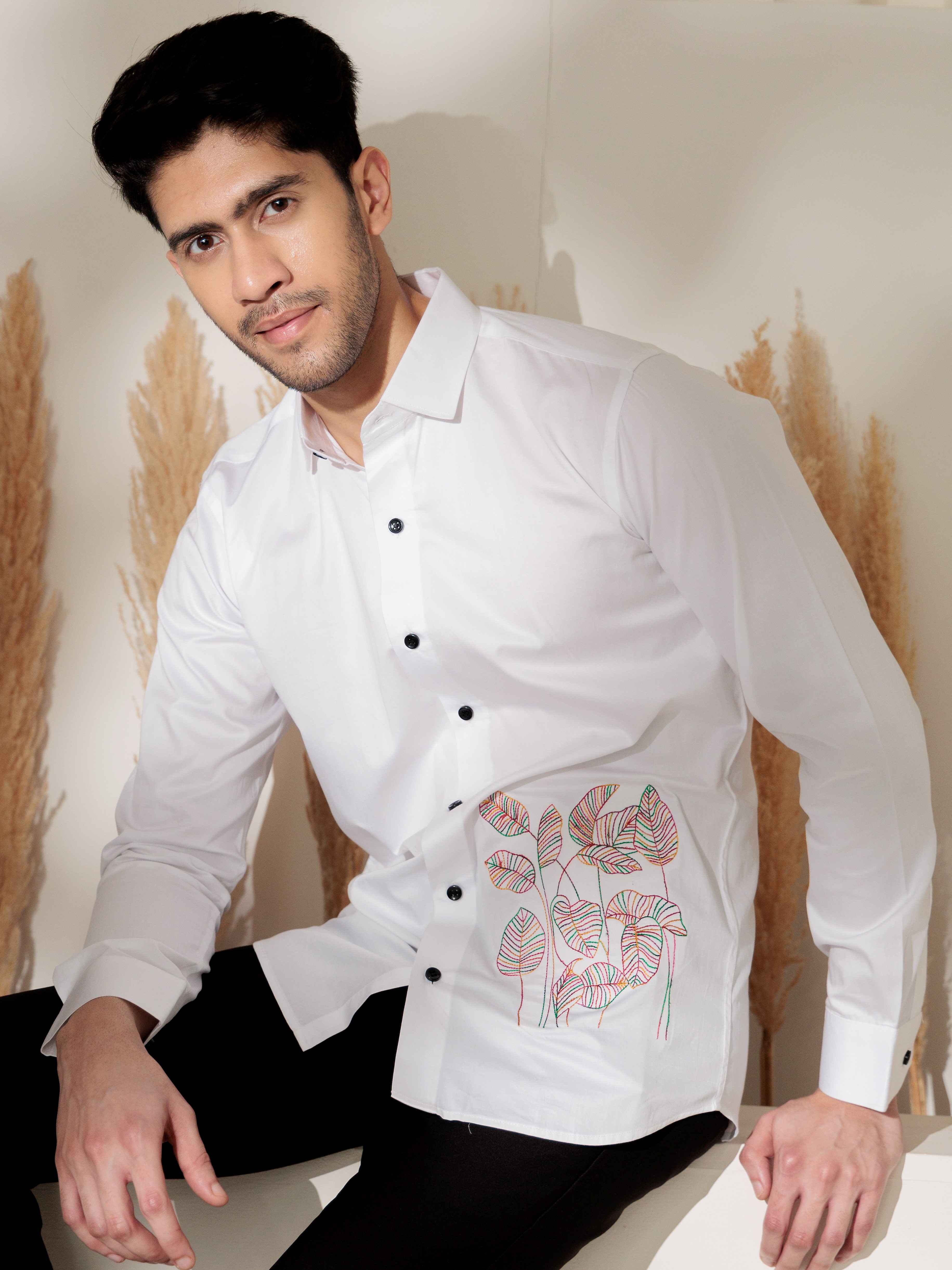 FOOMER LEAVES EMBROIDERED WHITE LUXURY COTTON SHIRT FOR MEN