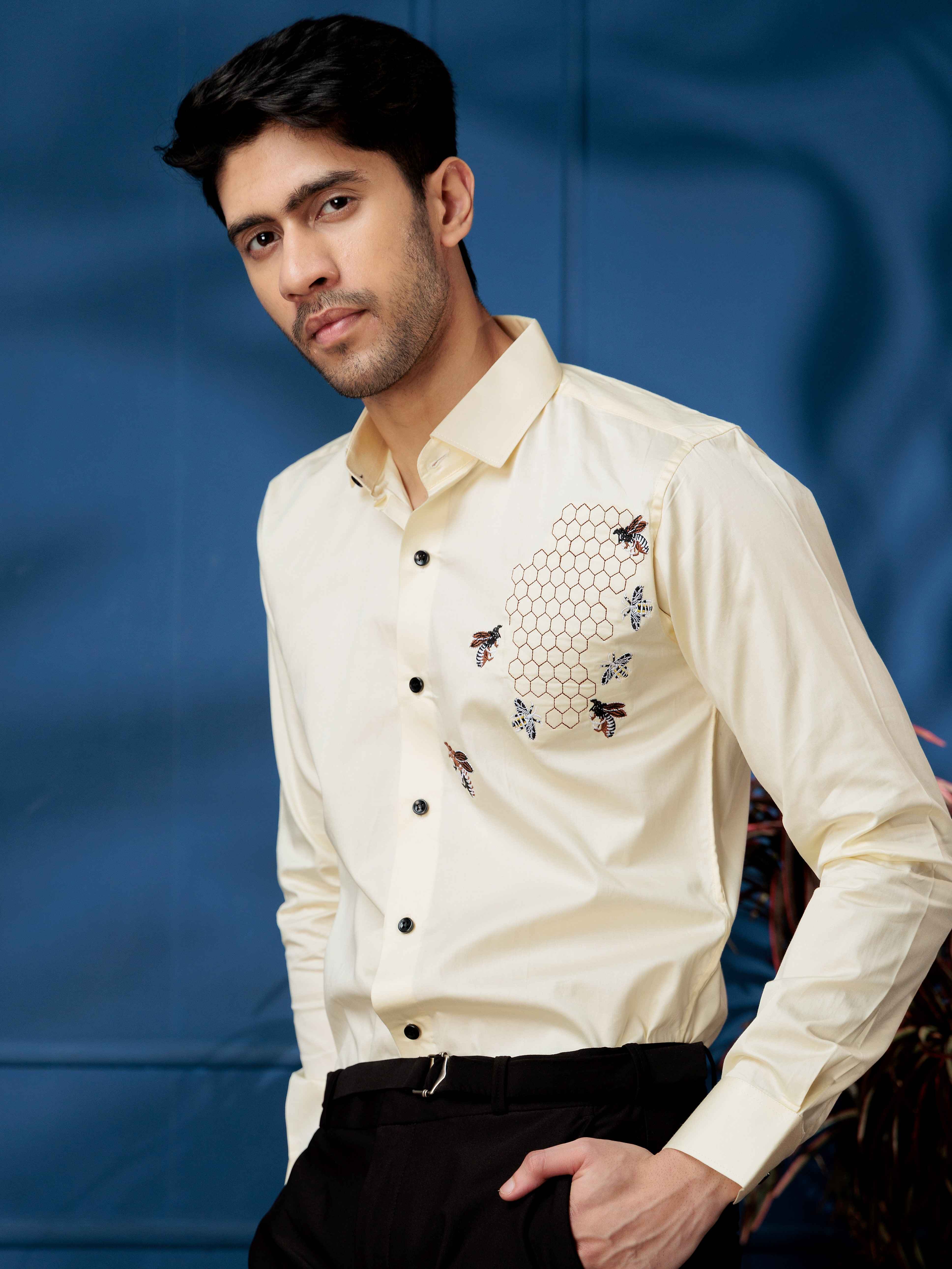 FOOMER LIGHT YELLOW HONEY BEES EMBROIDERED CLUB WEAR SATIN COTTON SHIRT