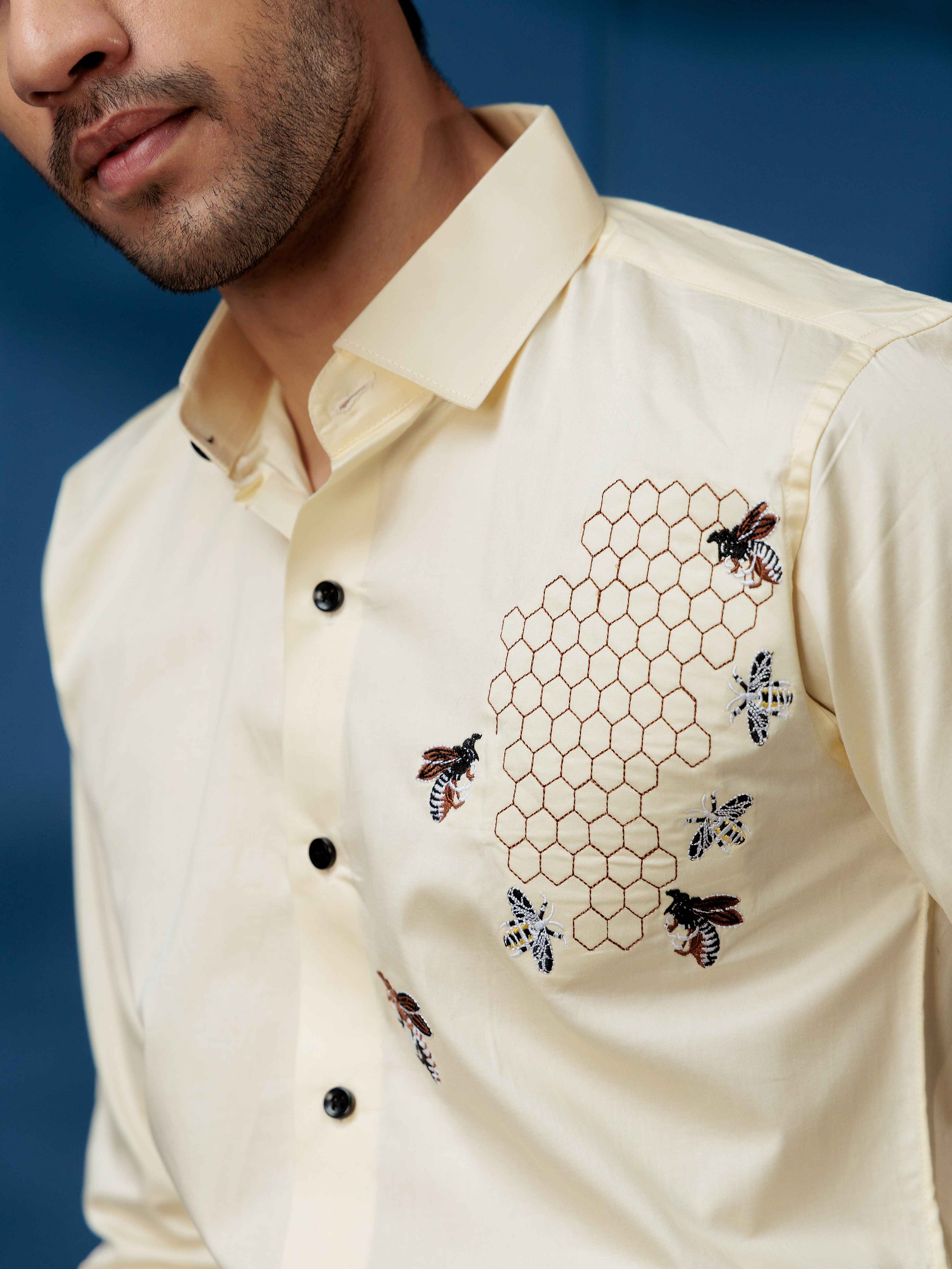 FOOMER LIGHT YELLOW HONEY BEES EMBROIDERED CLUB WEAR SATIN COTTON SHIRT - Image 2