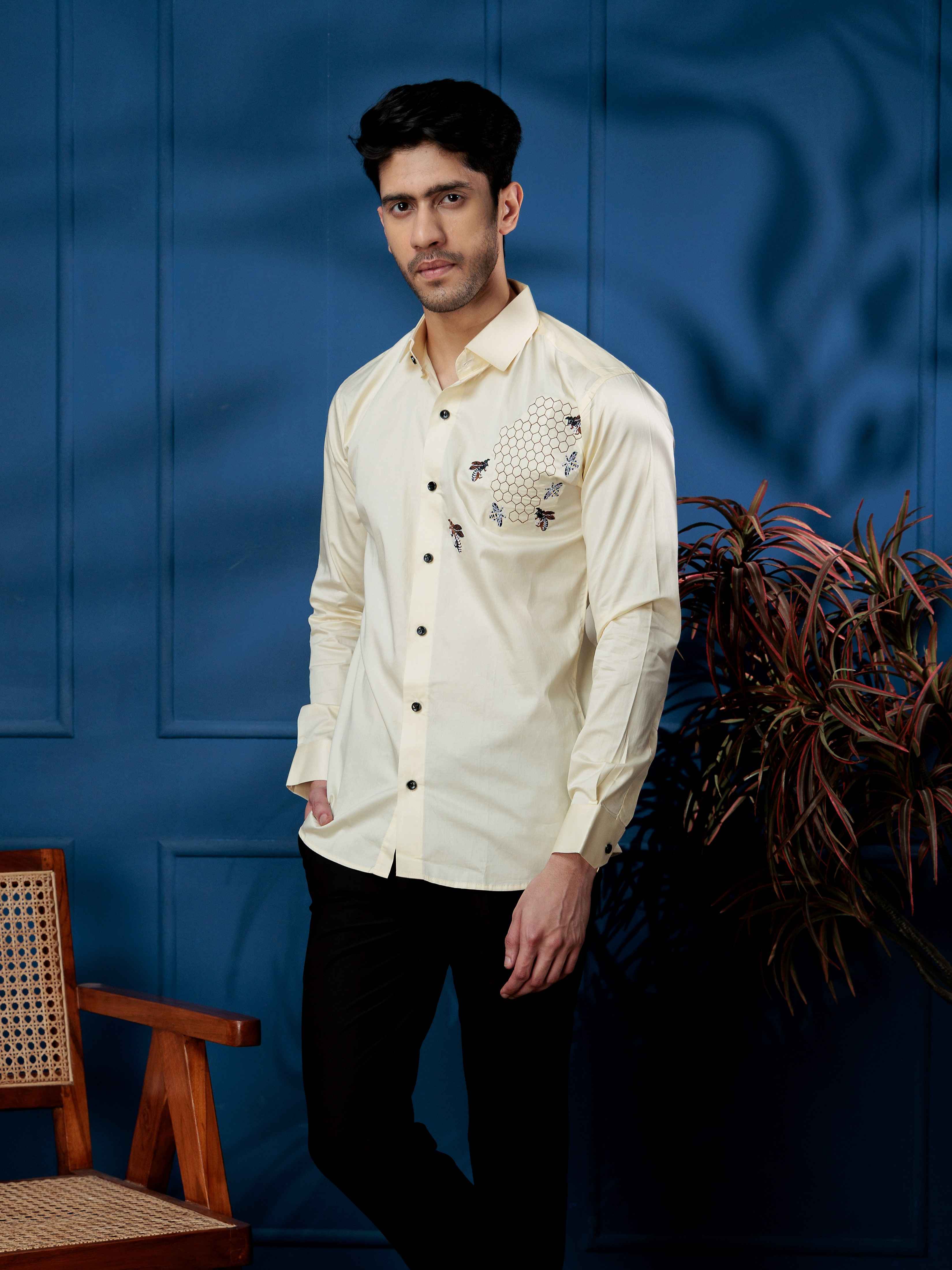 FOOMER LIGHT YELLOW HONEY BEES EMBROIDERED CLUB WEAR SATIN COTTON SHIRT - Image 3
