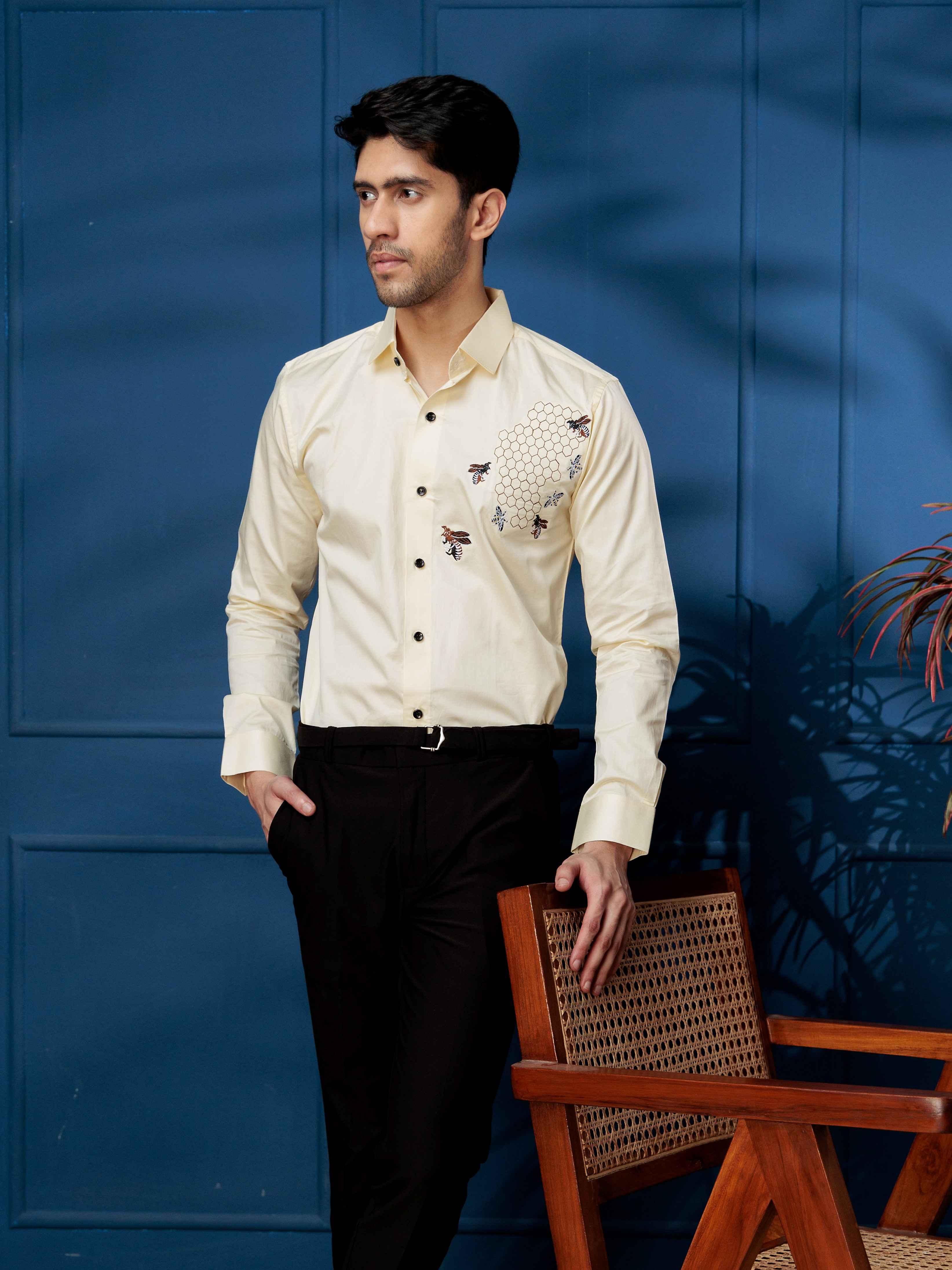 FOOMER LIGHT YELLOW HONEY BEES EMBROIDERED CLUB WEAR SATIN COTTON SHIRT - Image 4