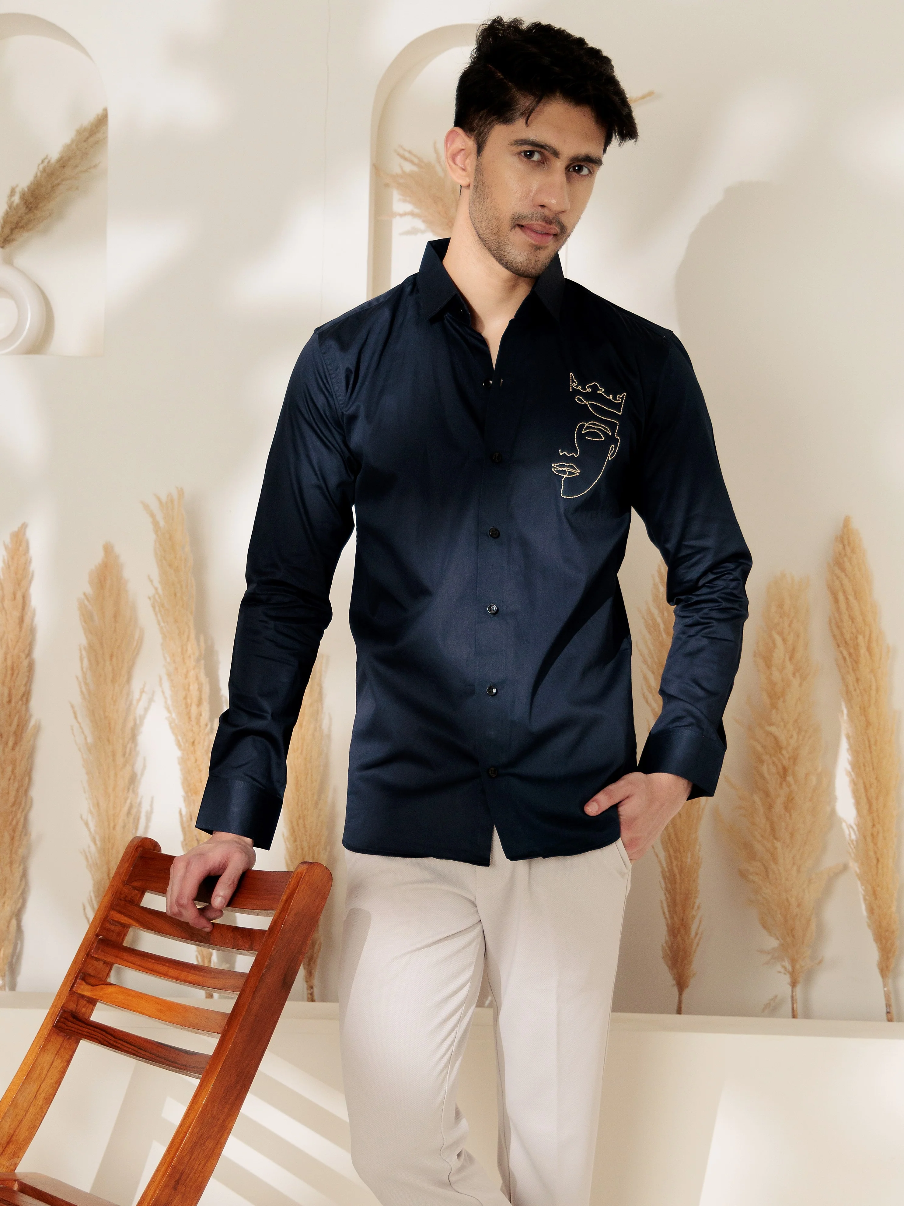 FOOMER NAVY LINE EMBROIDERED DESIGNER WEAR SATIN COTTON SHIRT FOR MEN