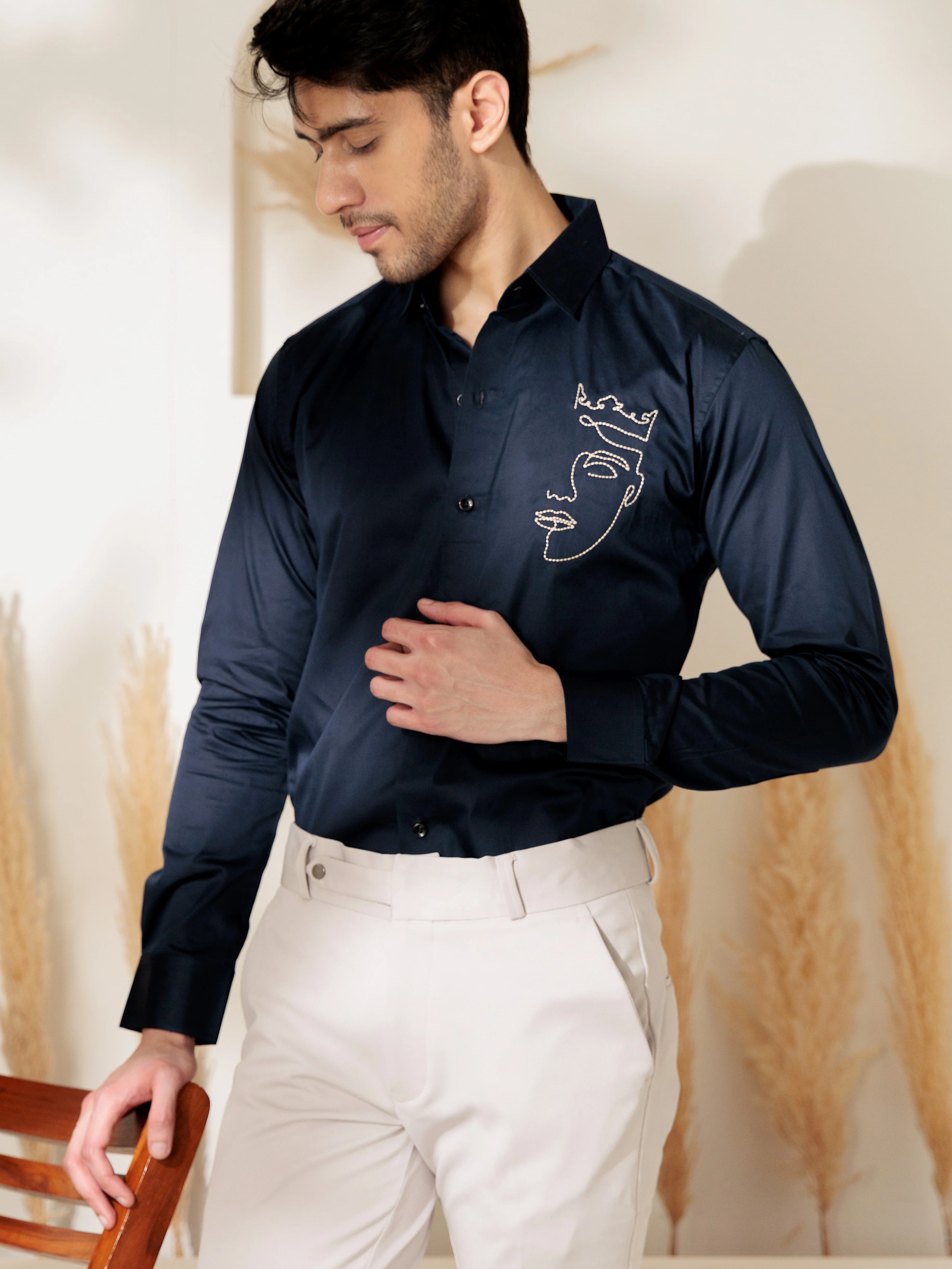FOOMER NAVY LINE EMBROIDERED DESIGNER WEAR SATIN COTTON SHIRT FOR MEN - Image 3