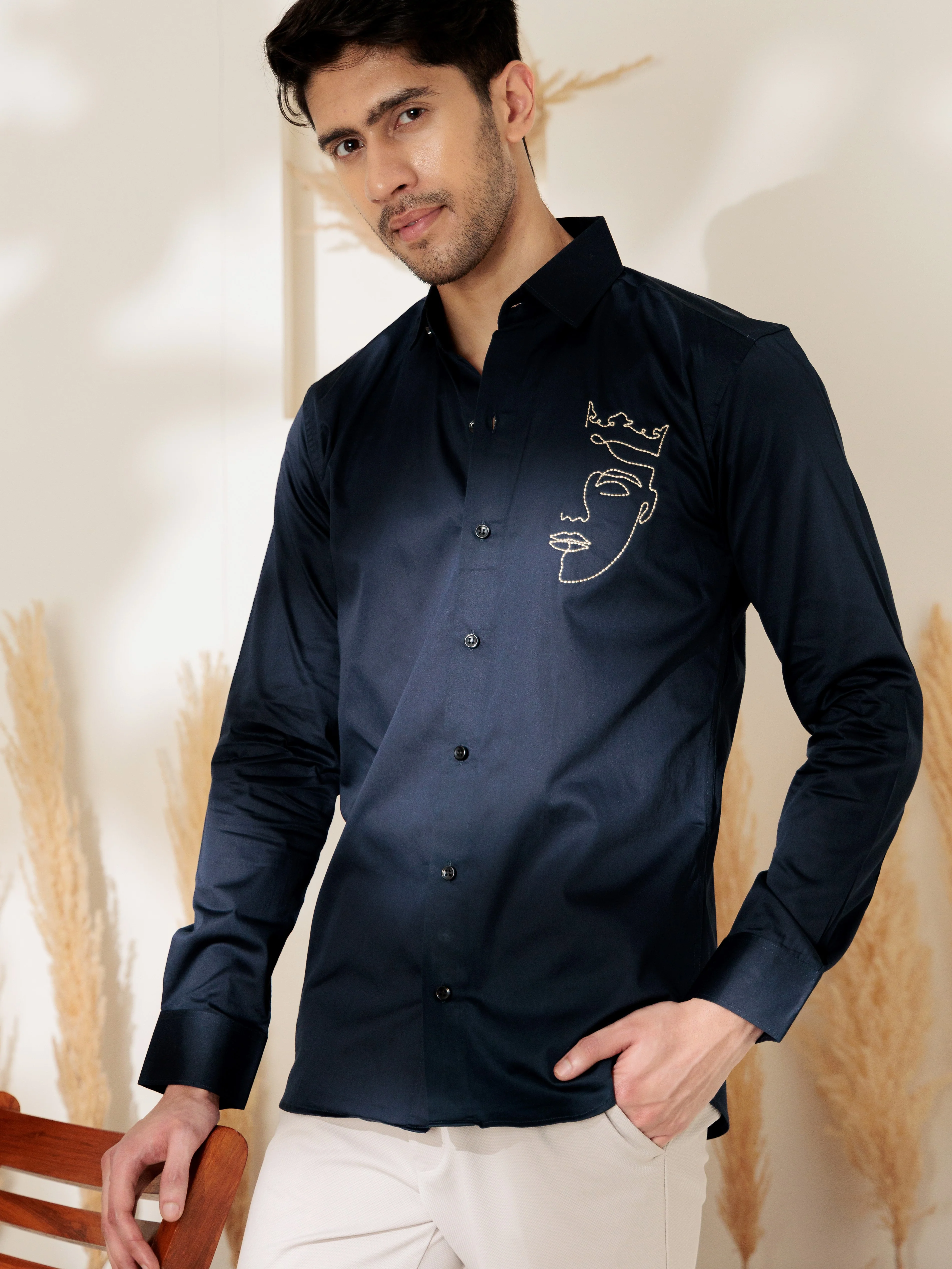 FOOMER NAVY LINE EMBROIDERED DESIGNER WEAR SATIN COTTON SHIRT FOR MEN - Image 4