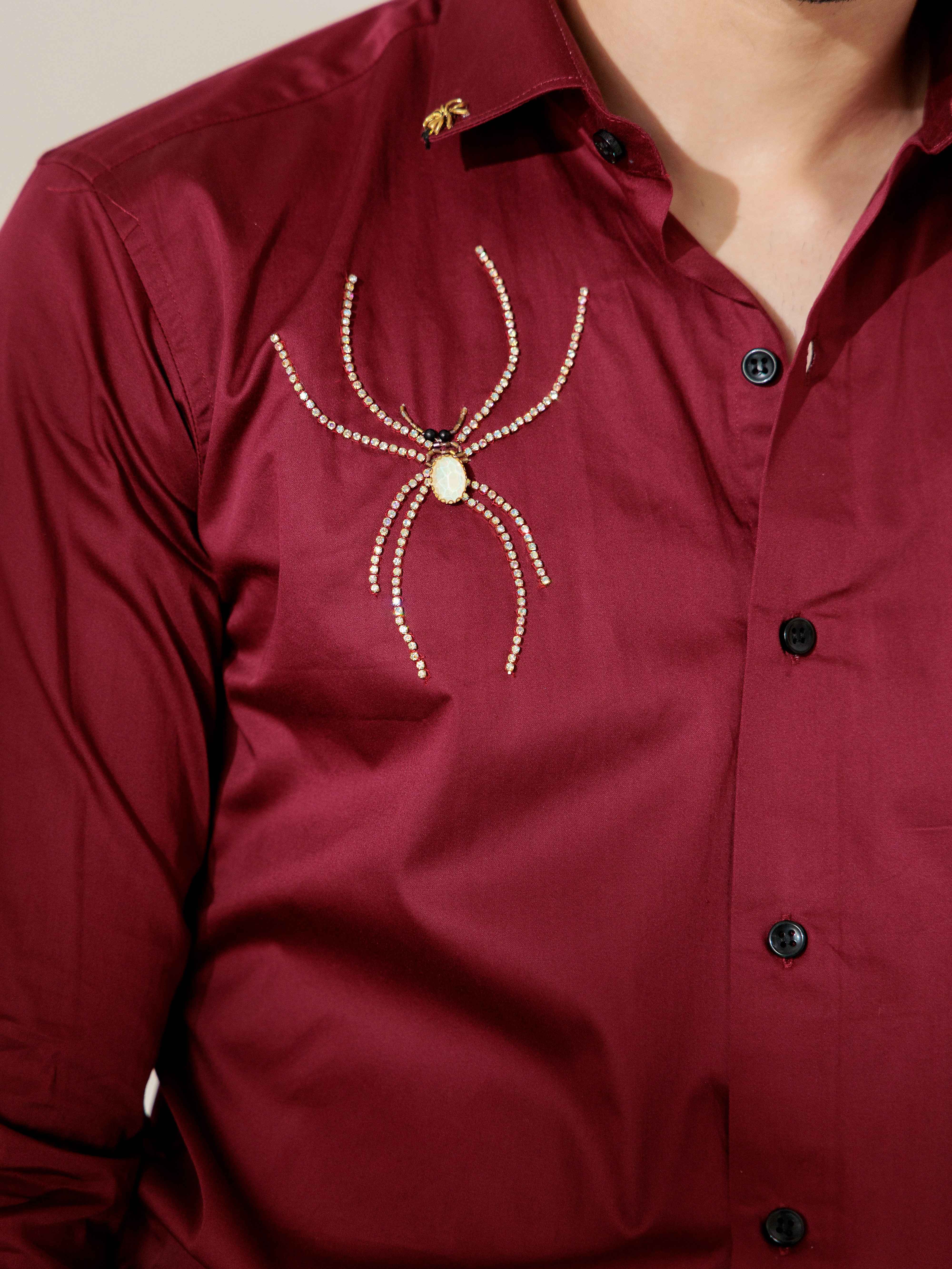 FOOMER MAROON RHINESTONE HAND WORK SATIN COTTON PREMIUM SHIRT FOR MEN - Image 2