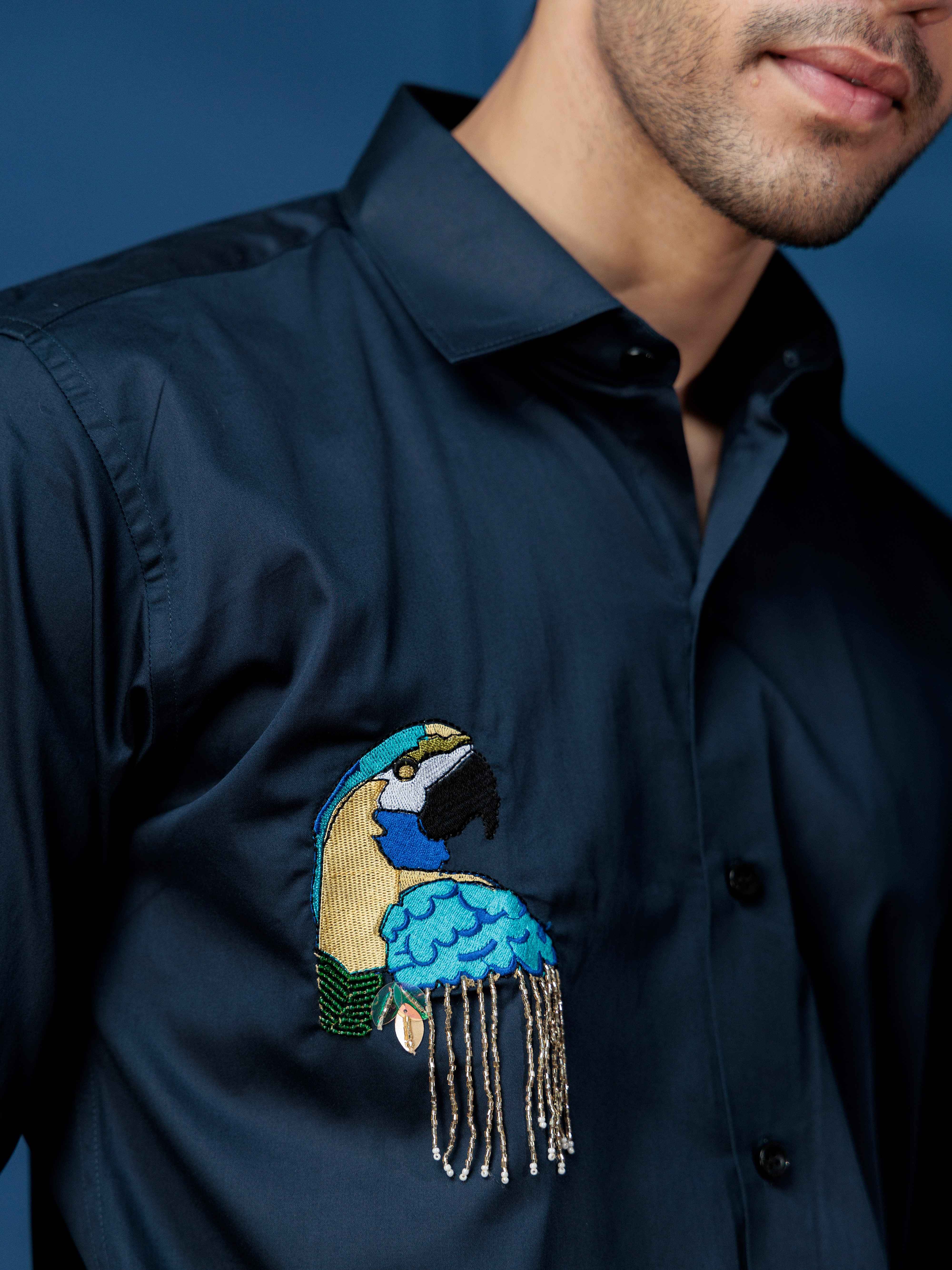 FOOMER NAVY BLUE EMBROIDERY SATIN COTTON SHIRT FOR MEN