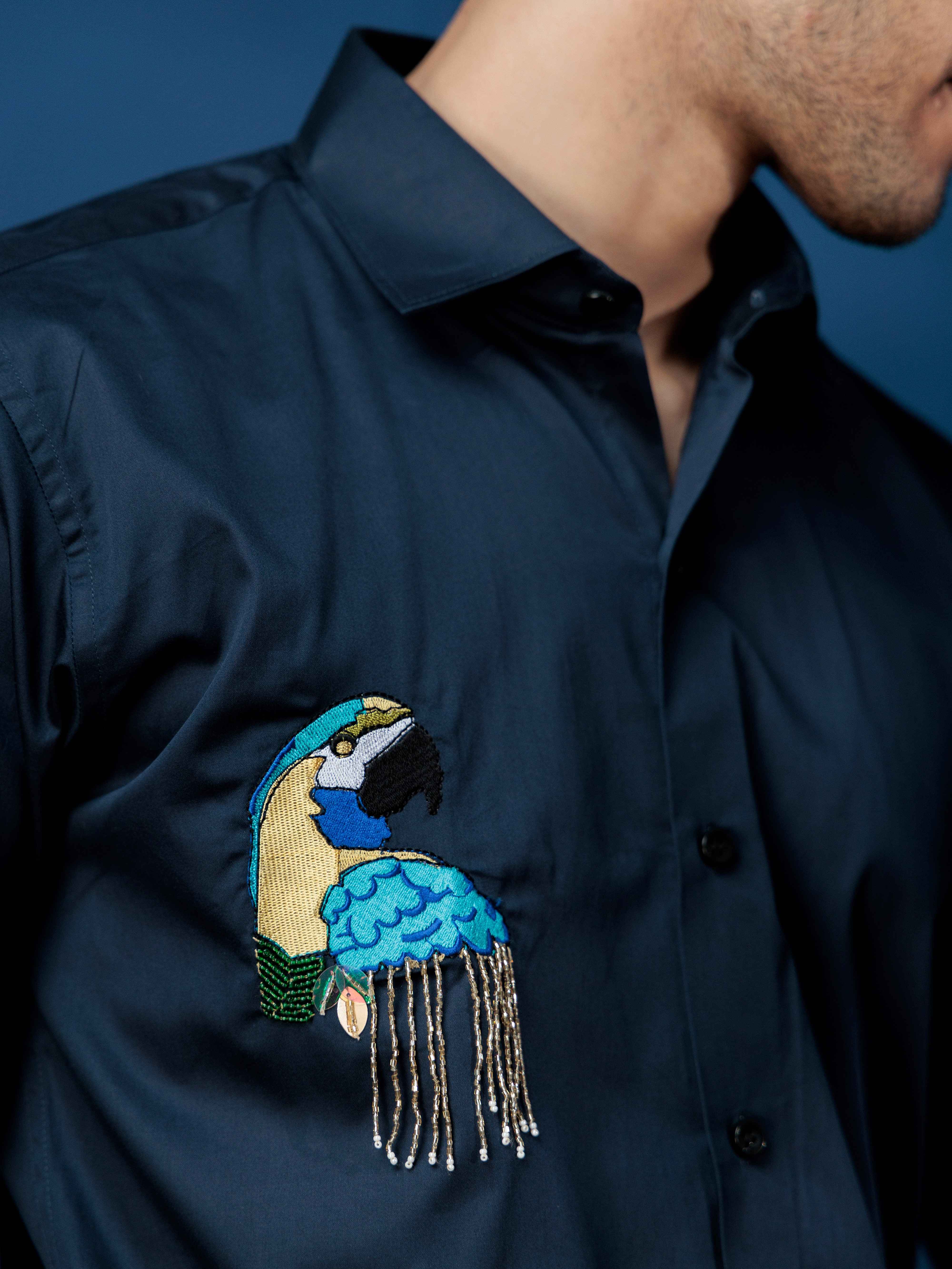FOOMER NAVY BLUE EMBROIDERY SATIN COTTON SHIRT FOR MEN - Image 3