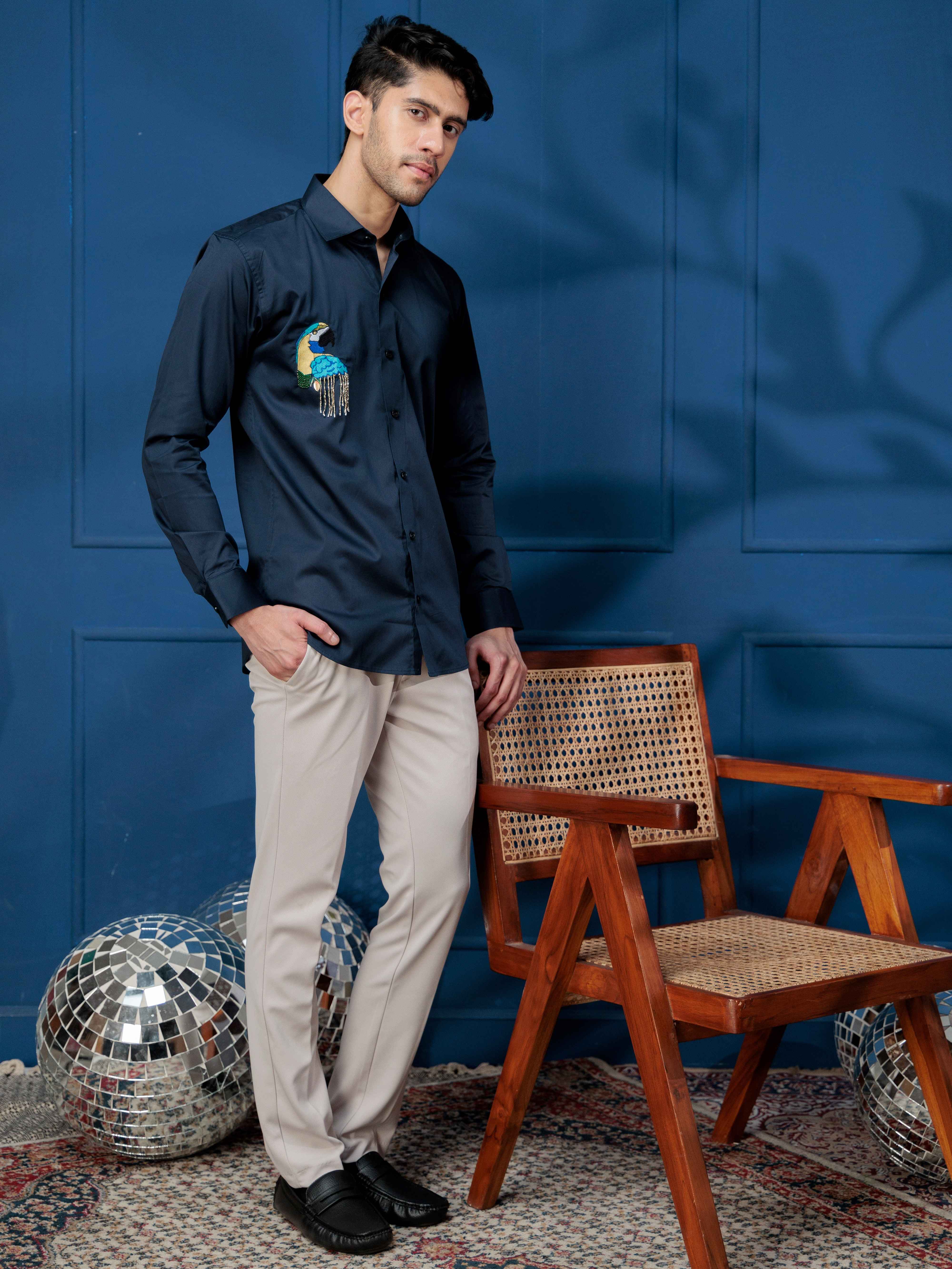 FOOMER NAVY BLUE EMBROIDERY SATIN COTTON SHIRT FOR MEN - Image 4