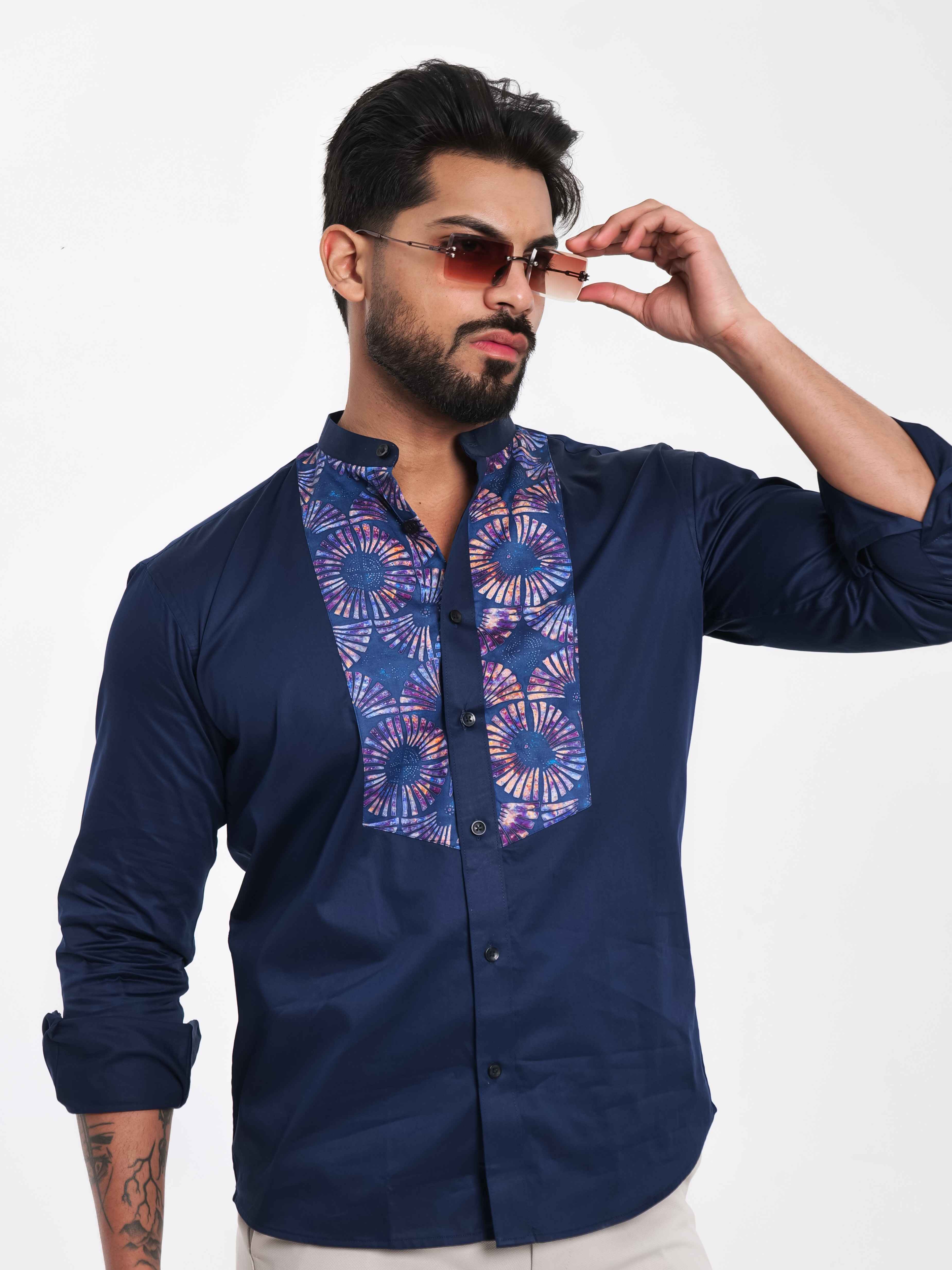 FOOMER NAVY KURTA CUT N SEW DESIGNER SHIRT FOR MEN'S - Image 3