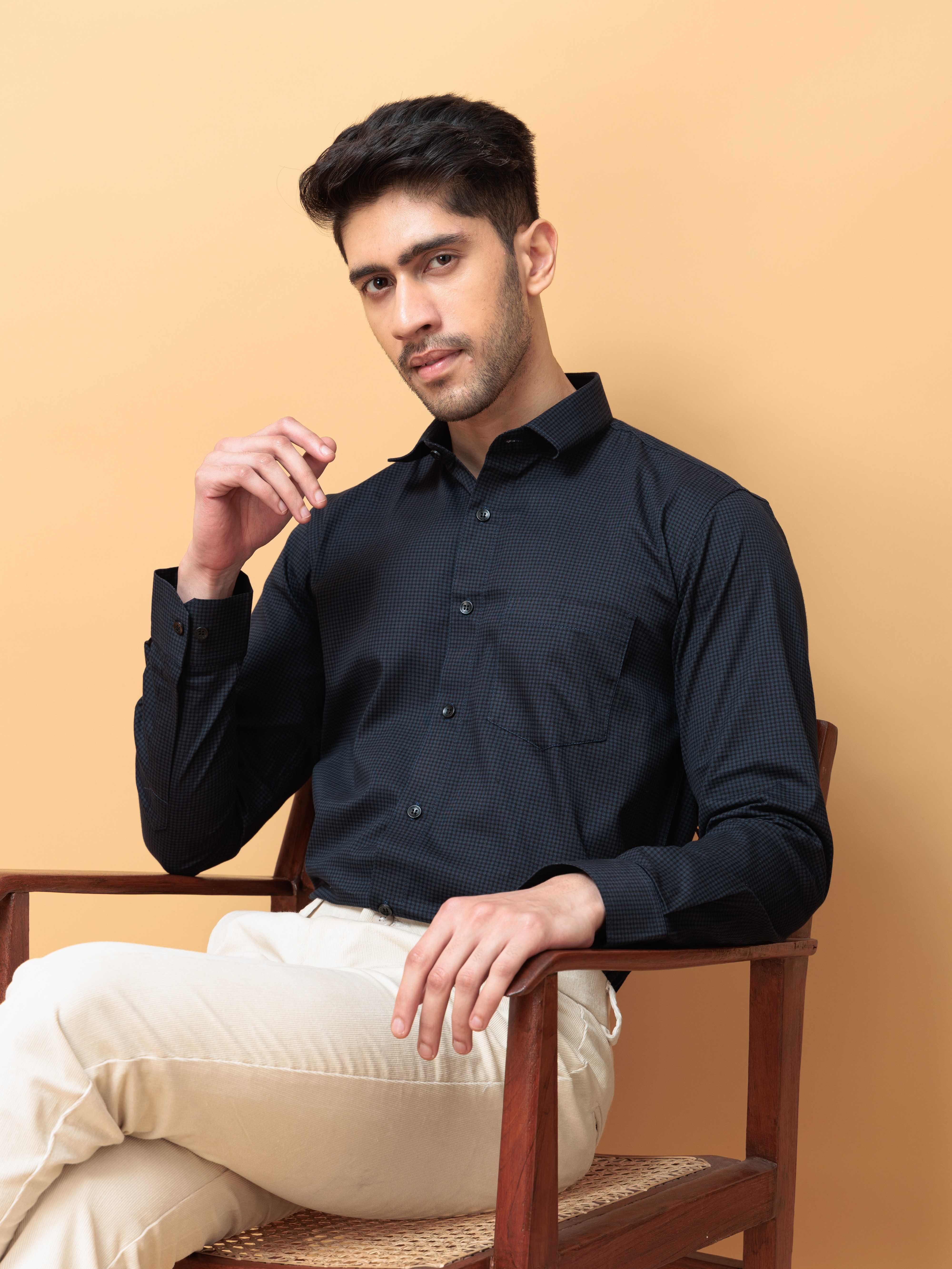 FOOMER NAVY MINI CHECKED COTTON CASUAL SHIRT FOE MEN'S - Image 5