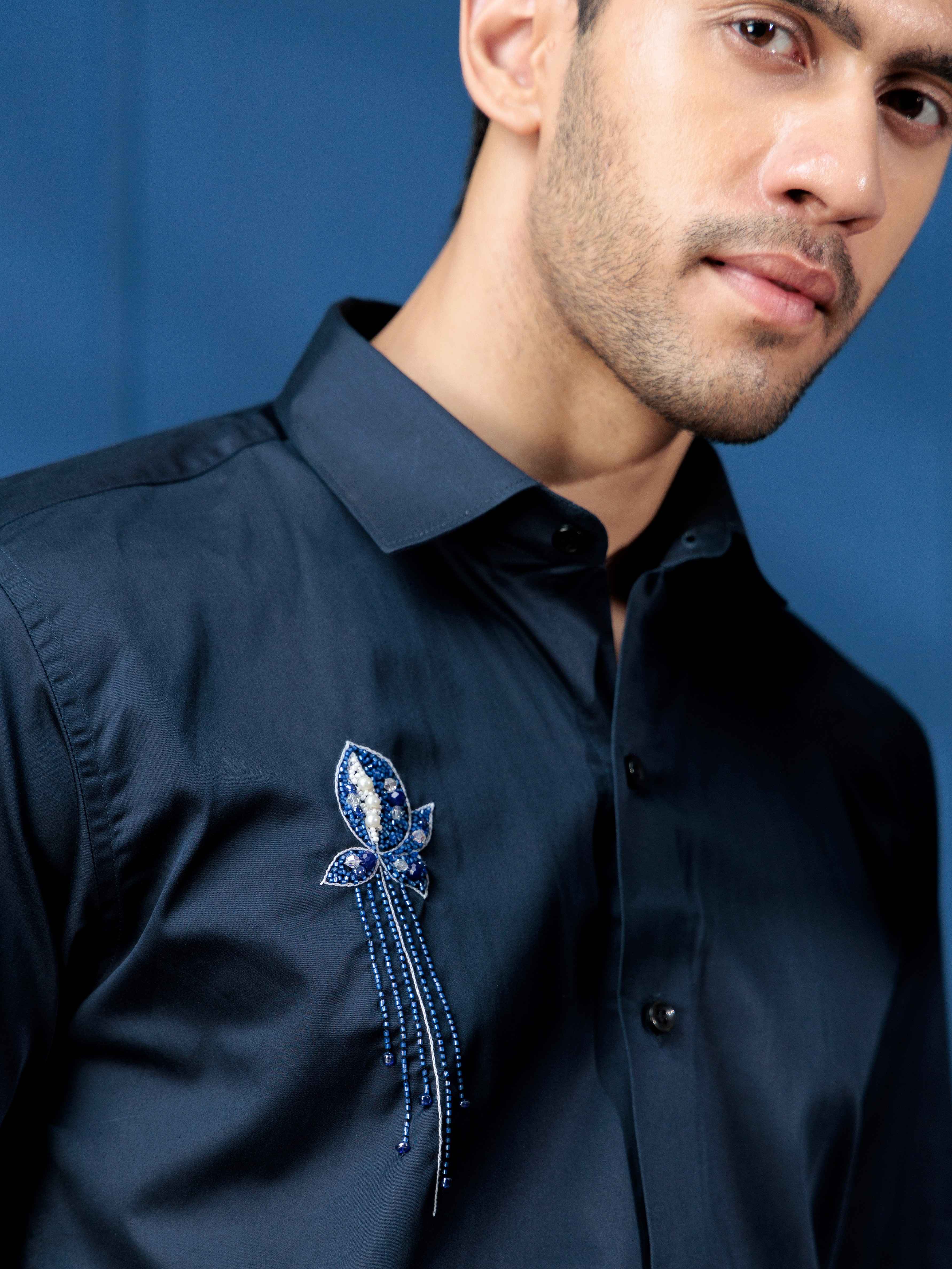 FOOMER NAVY RHINESTONE HAND WORK SATIN COTTON SHIRT FOR MEN - Image 2