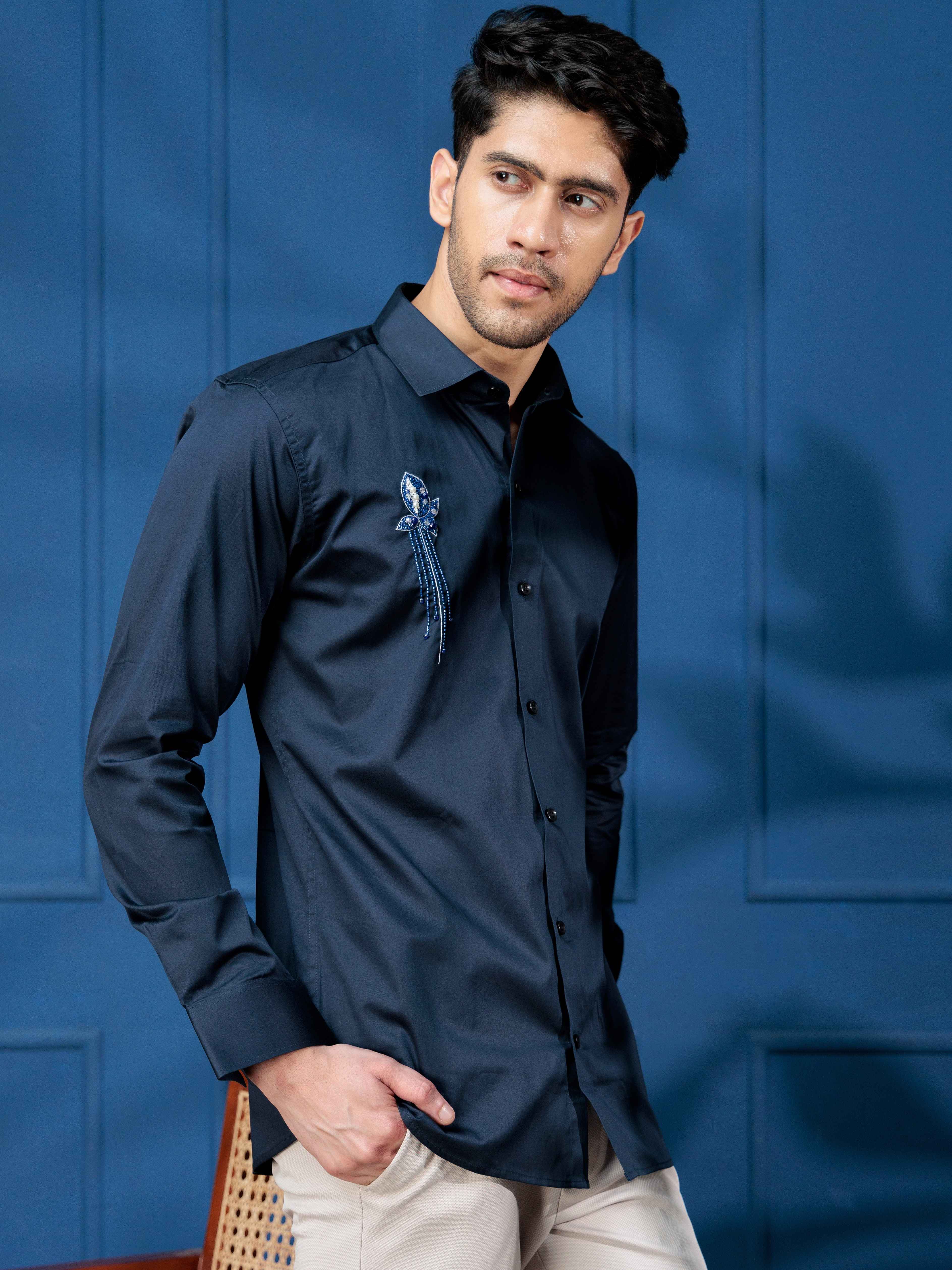 FOOMER NAVY RHINESTONE HAND WORK SATIN COTTON SHIRT FOR MEN - Image 3