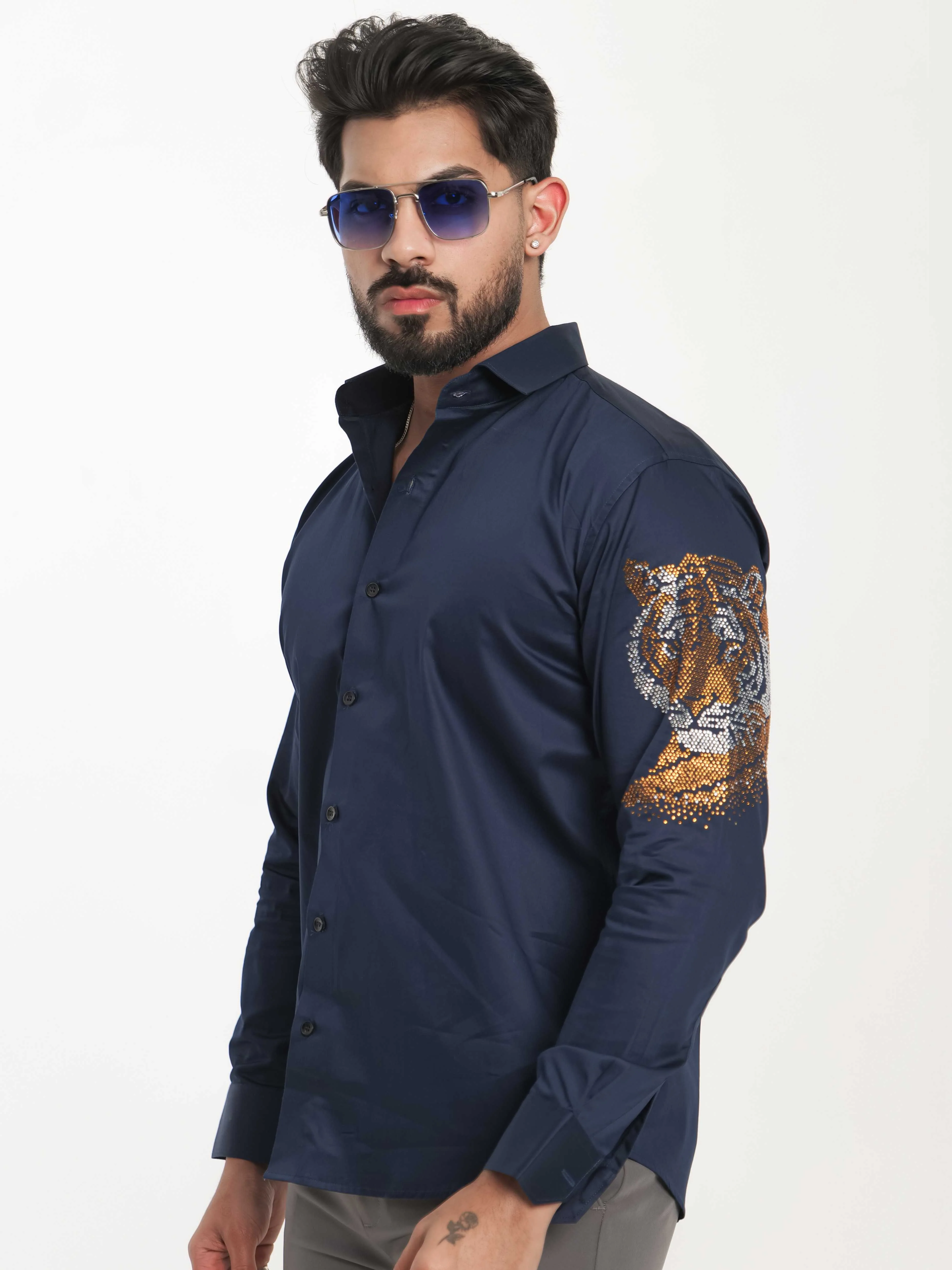 FOOMER NAVY STARRY BEADED TIGER CLUB WEAR SATIN COTTON SHIRT FOR MEN'S - Image 5