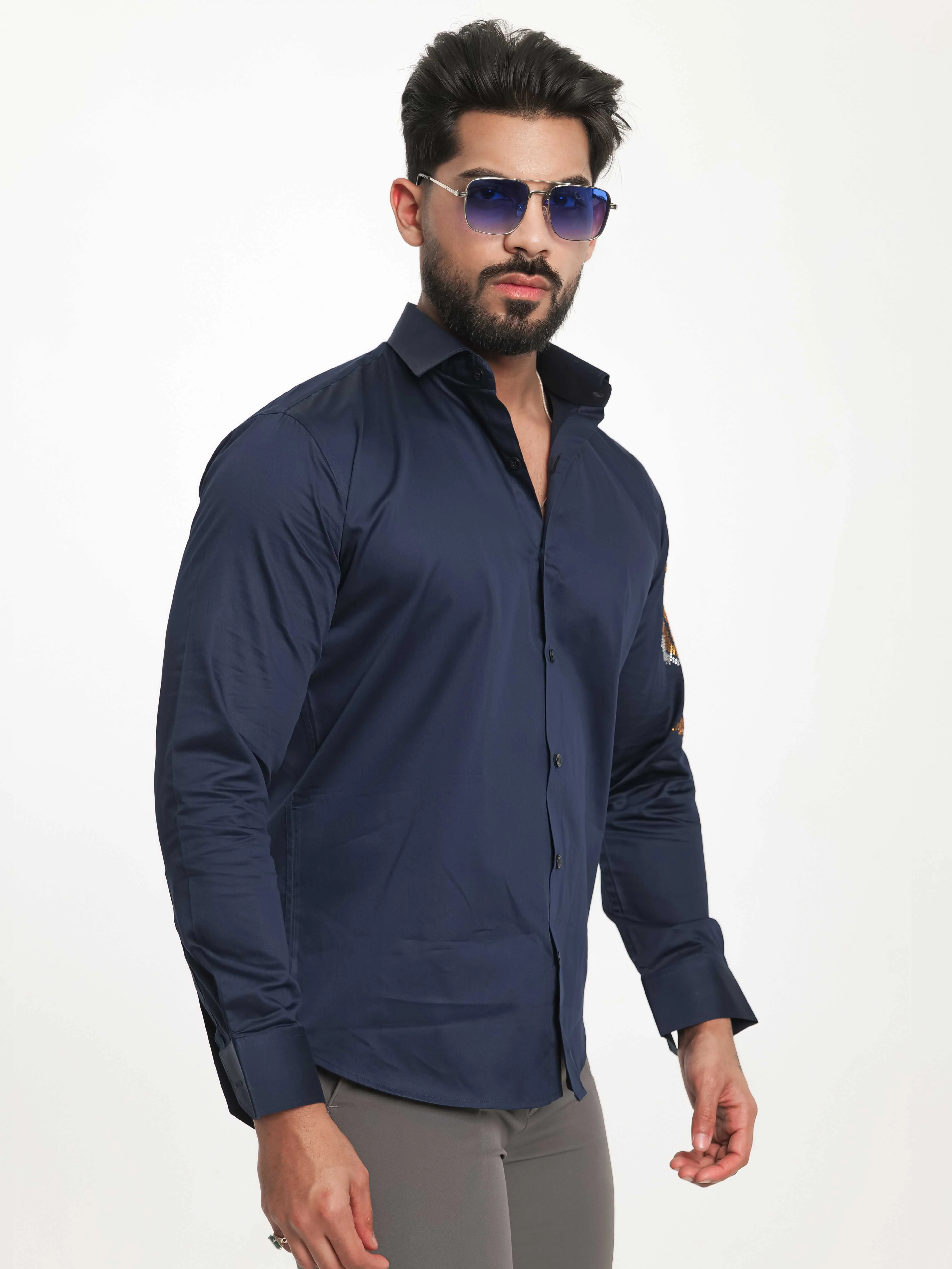 FOOMER NAVY STARRY BEADED TIGER CLUB WEAR SATIN COTTON SHIRT FOR MEN'S - Image 6