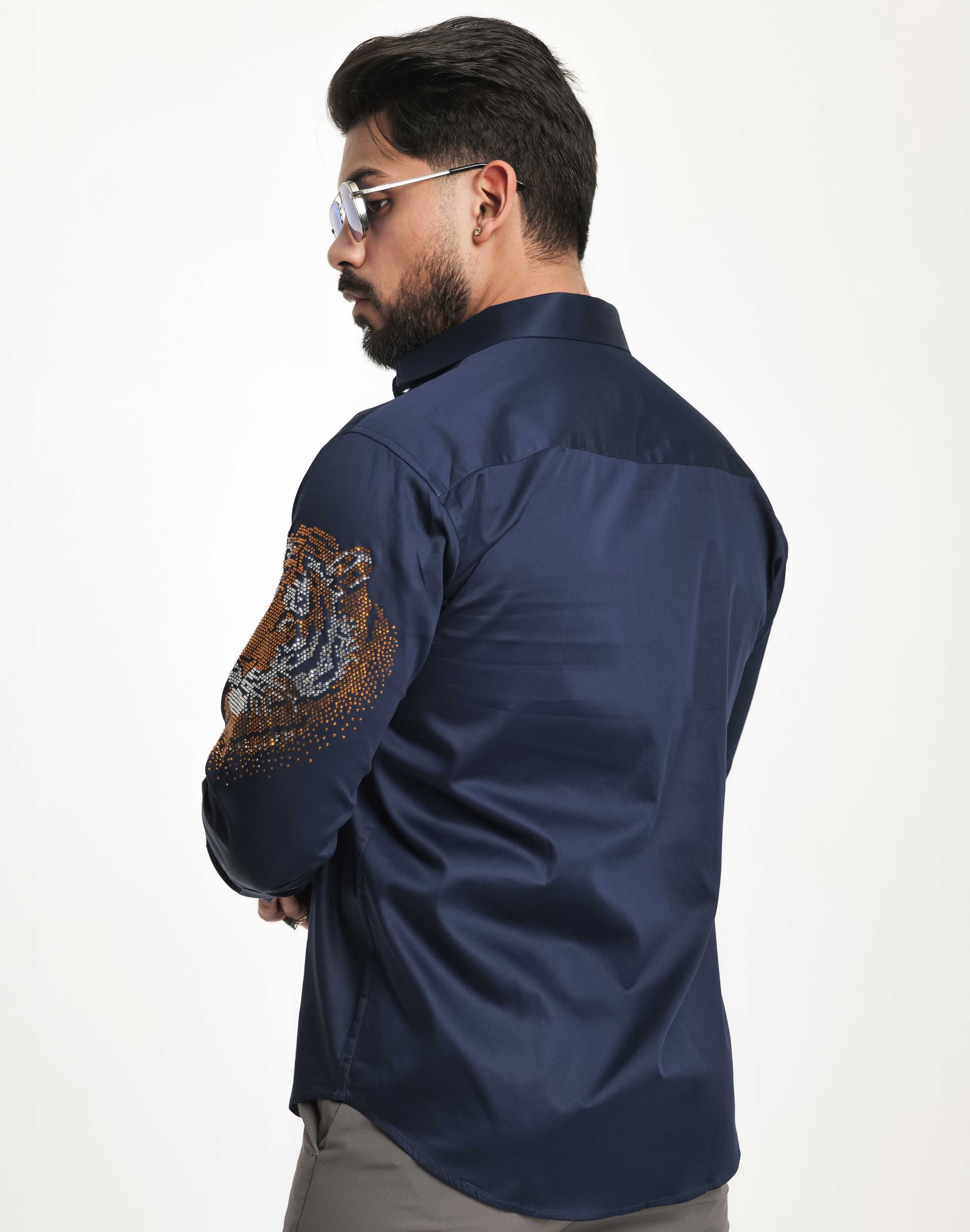 FOOMER NAVY STARRY BEADED TIGER CLUB WEAR SATIN COTTON SHIRT FOR MEN'S - Image 8