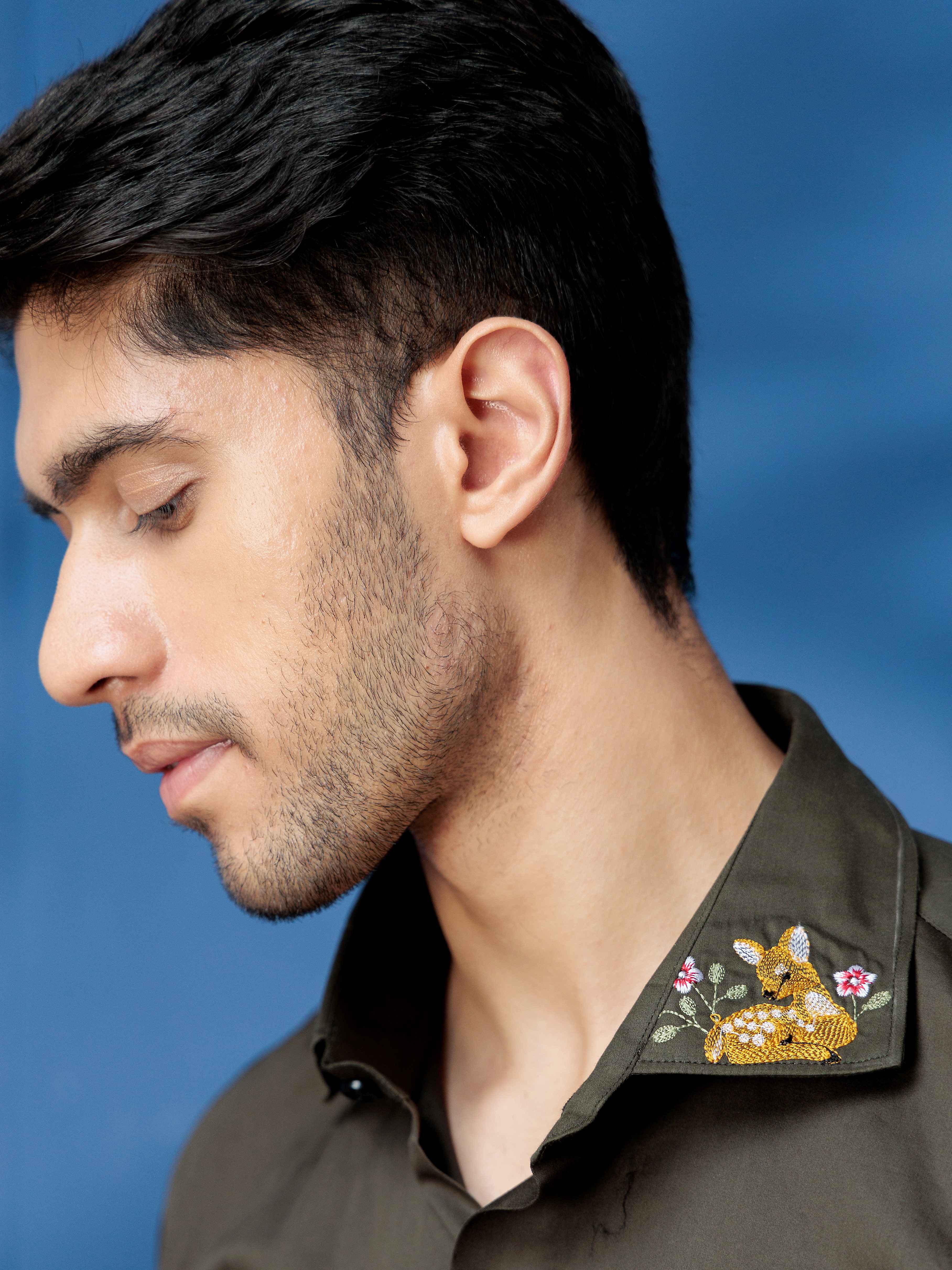 FOOMER OLIVE DEER EMBROIDERY SATIN COTTON PREMIUM SHIRT - Image 2