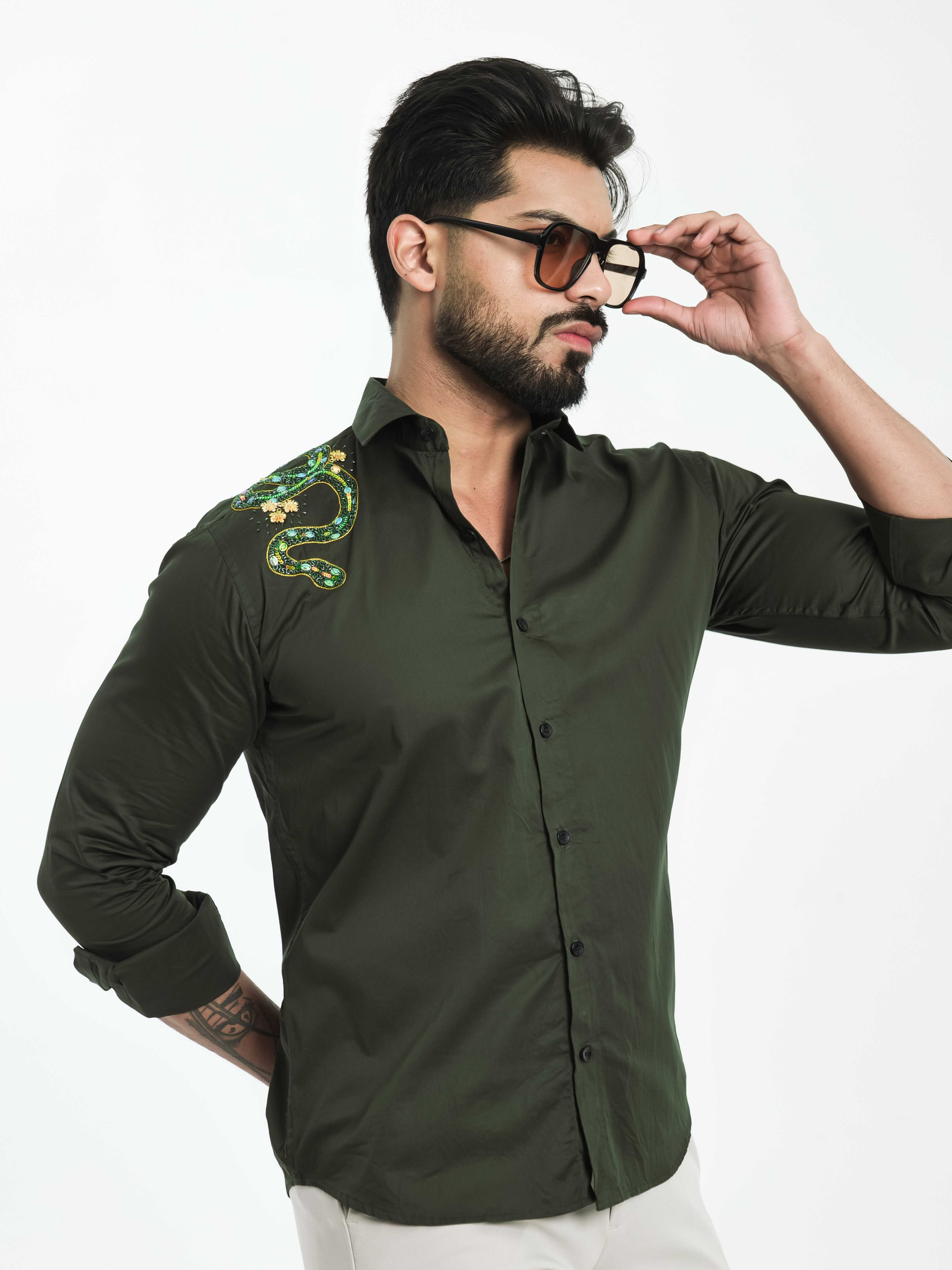 FOOMER OLIVE RHINESTONE HAND WORK SATIN COTTON PREMIUM SHIRT - Image 3