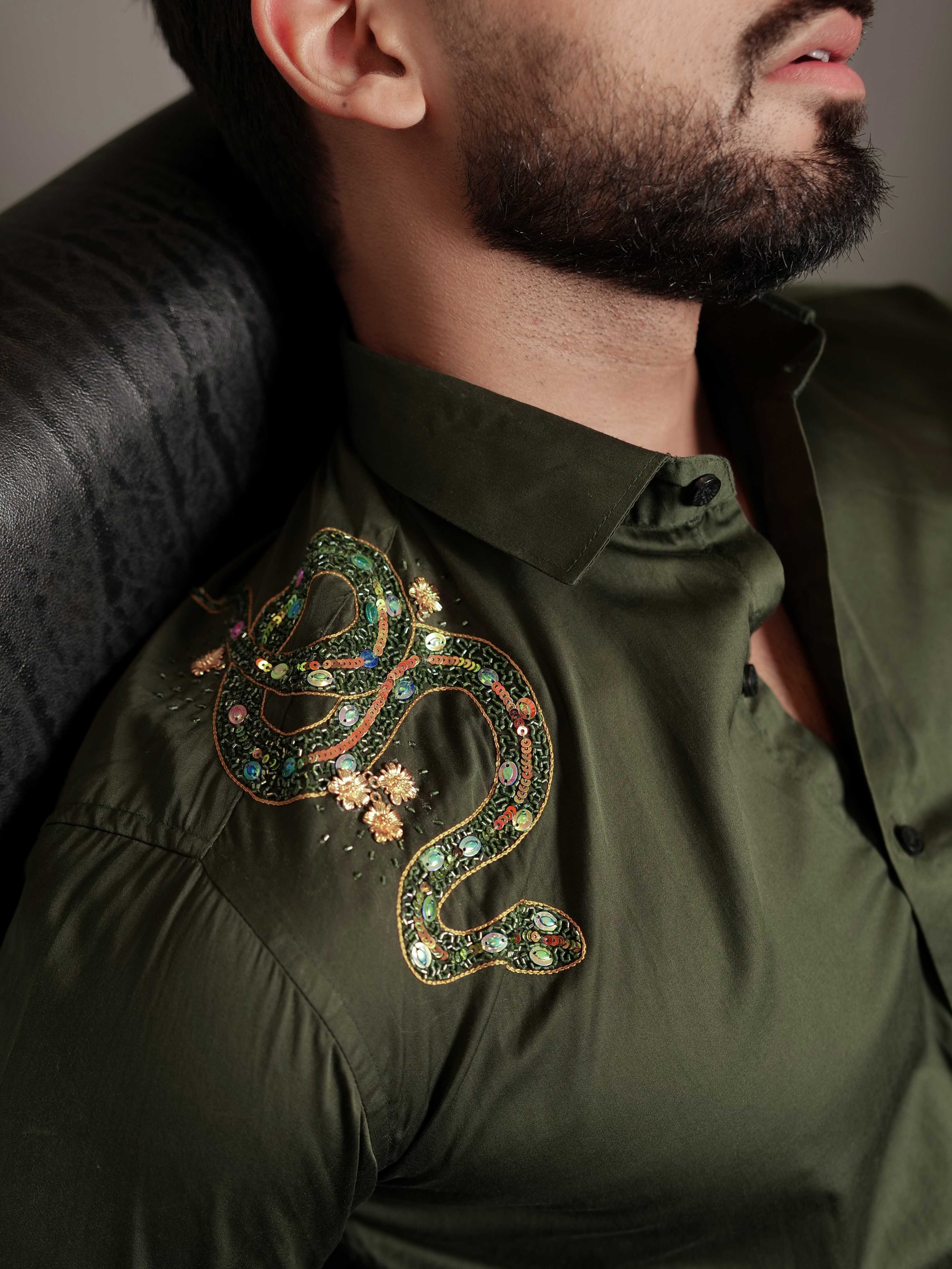 FOOMER OLIVE RHINESTONE HAND WORK SATIN COTTON PREMIUM SHIRT - Image 4