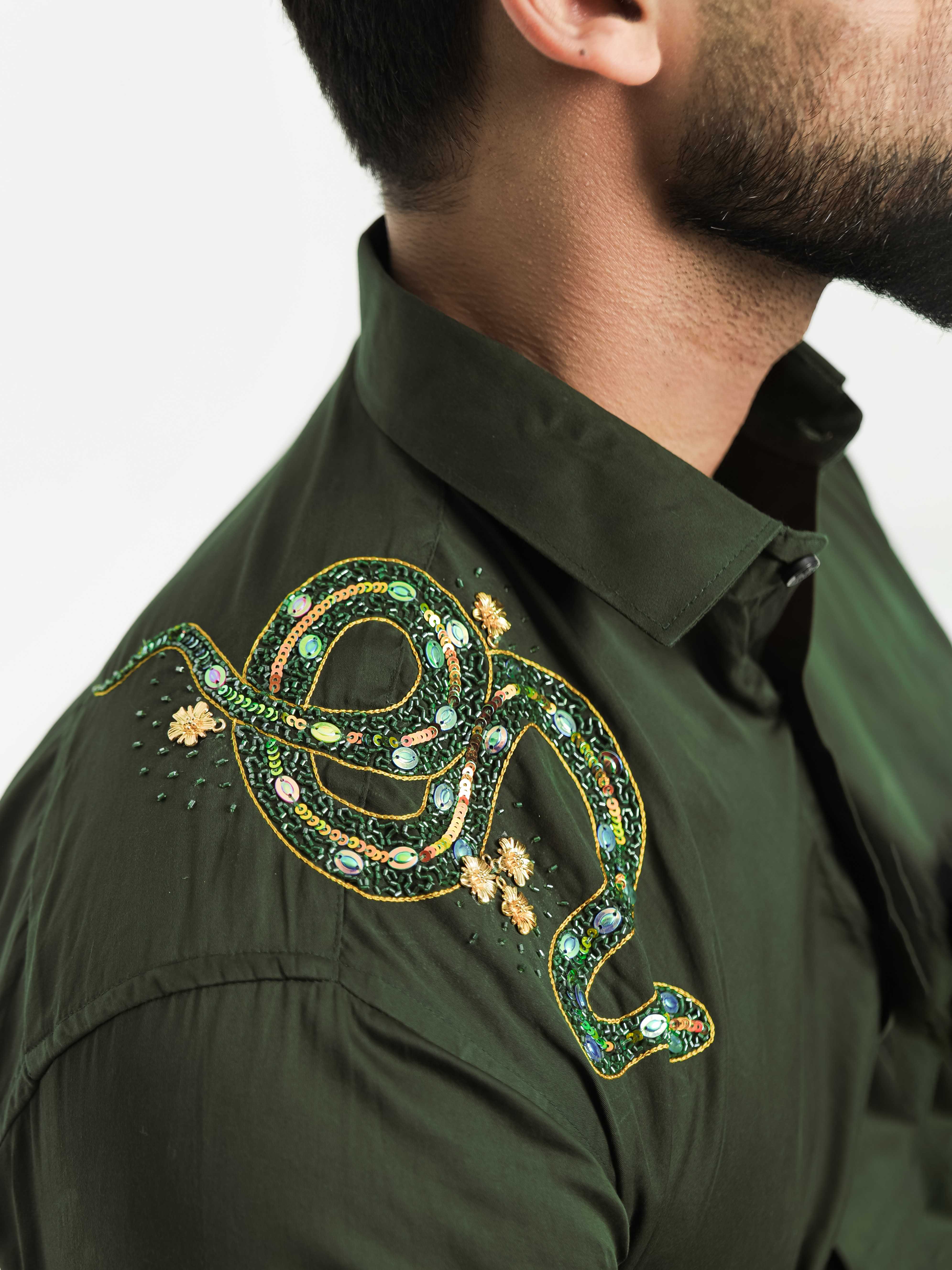 FOOMER OLIVE RHINESTONE HAND WORK SATIN COTTON PREMIUM SHIRT - Image 6