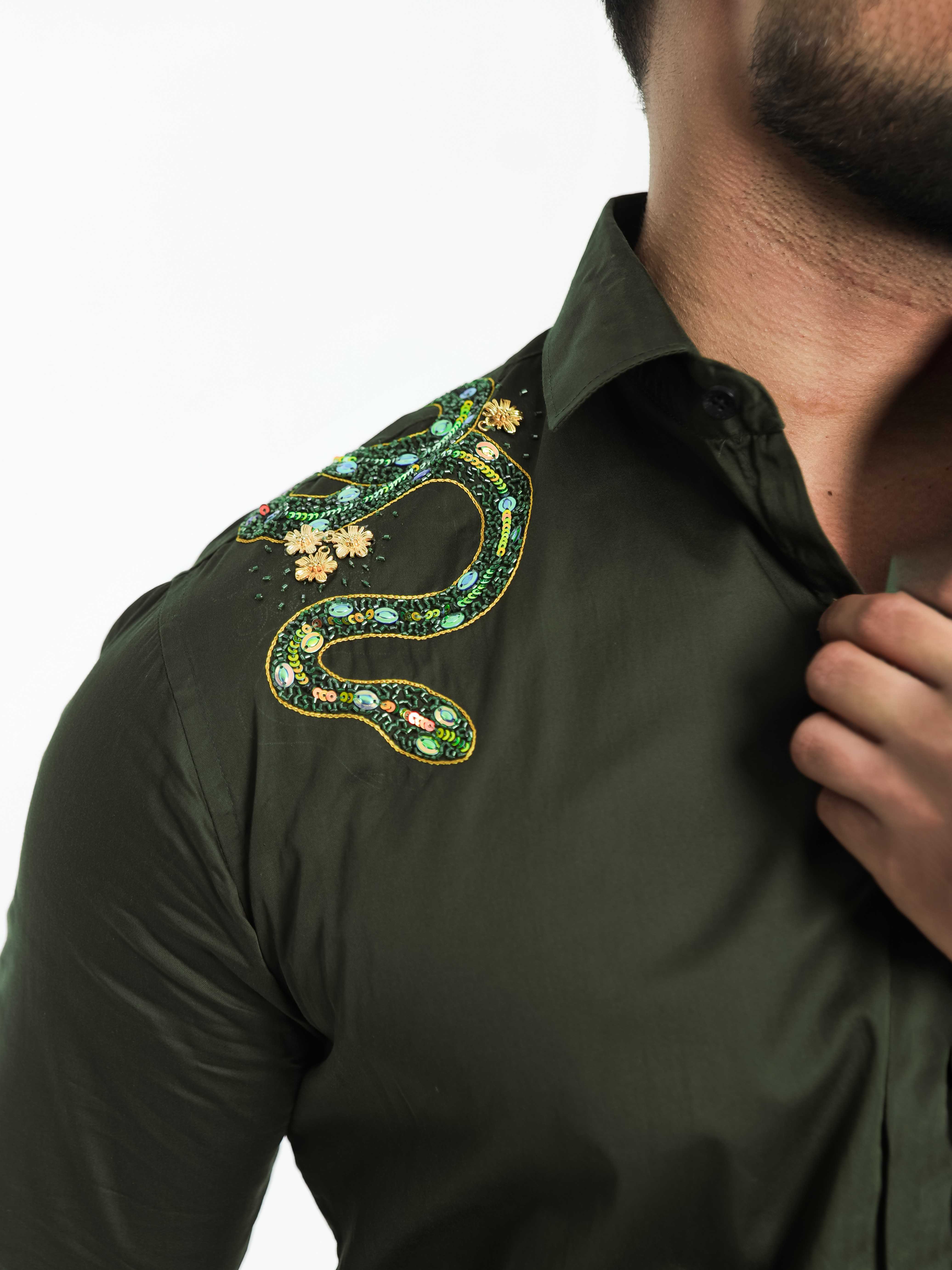 FOOMER OLIVE RHINESTONE HAND WORK SATIN COTTON PREMIUM SHIRT - Image 7