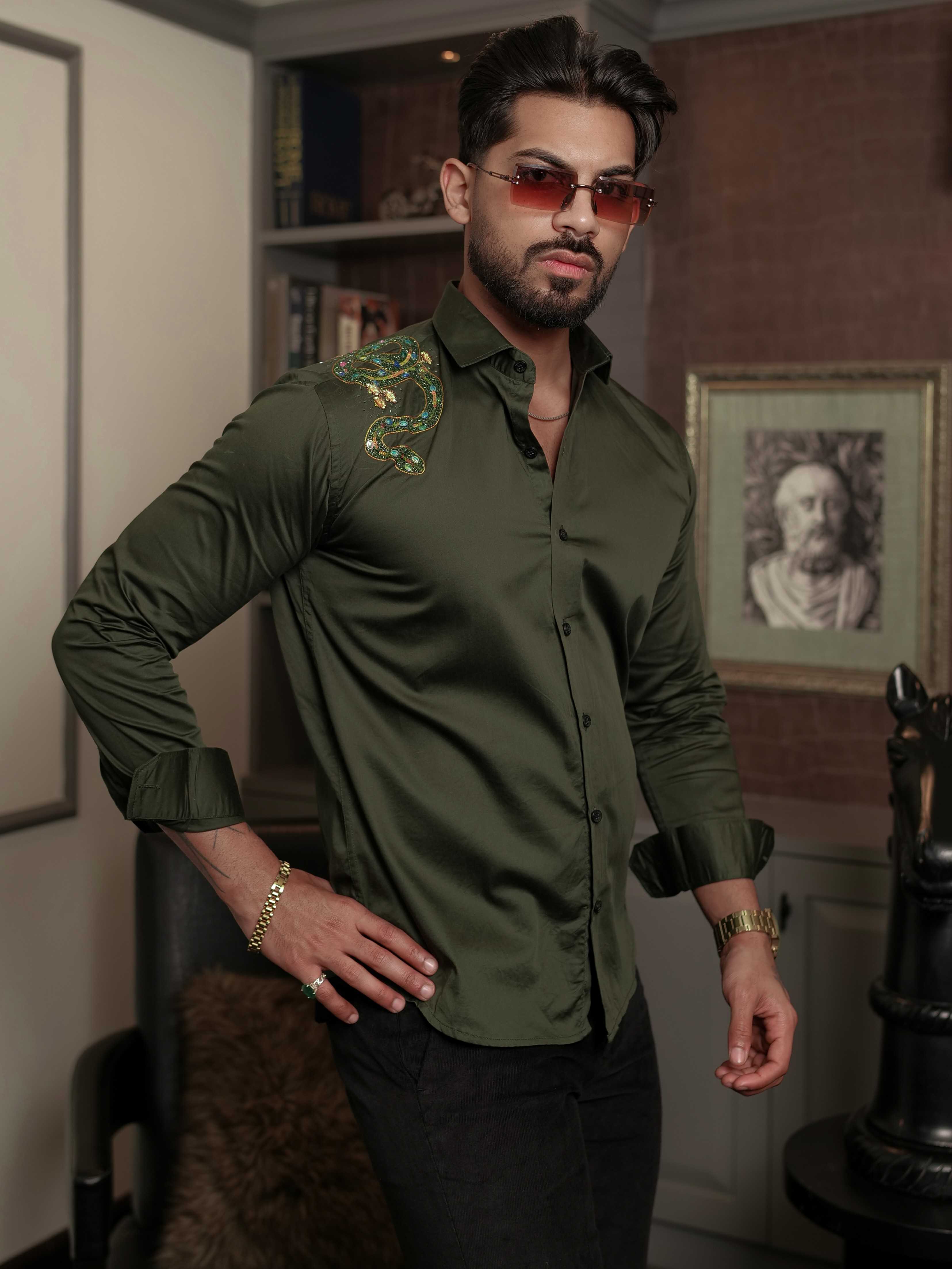 FOOMER OLIVE RHINESTONE HAND WORK SATIN COTTON PREMIUM SHIRT - Image 8