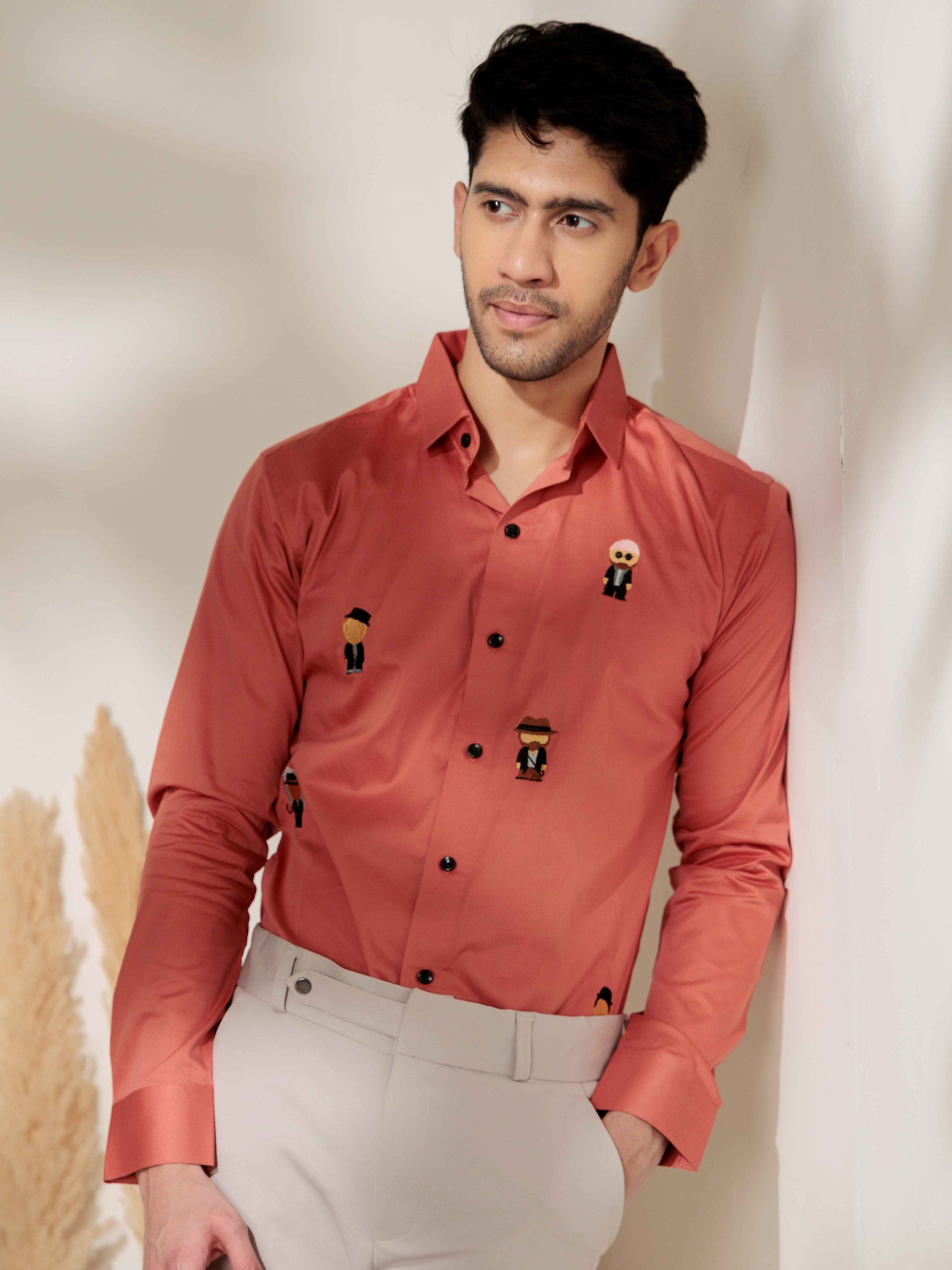 FOOMER ORANGE EMBROIDERED DESIGNER SATIN COTTON SHIRT - Image 2