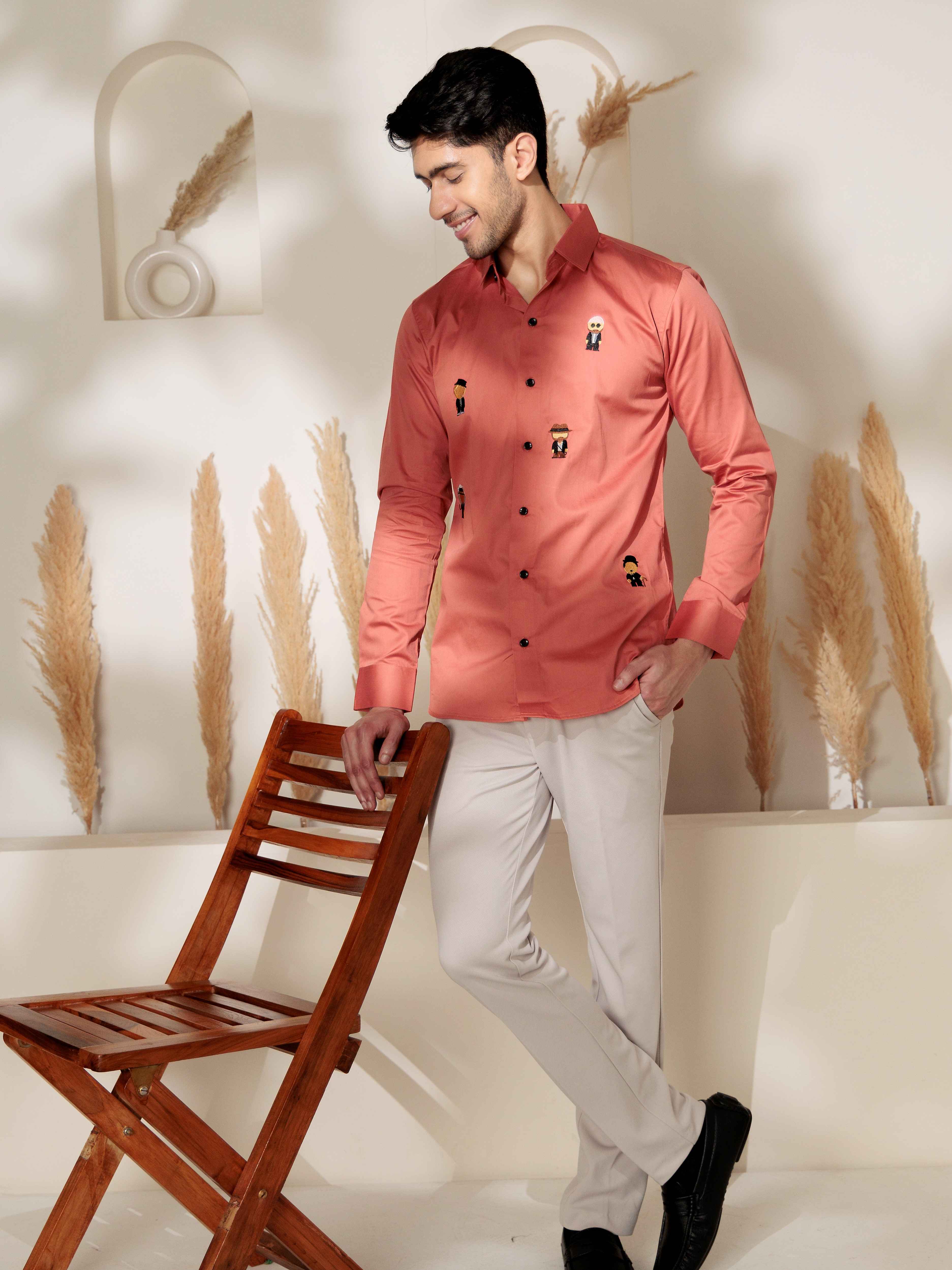 FOOMER ORANGE EMBROIDERED DESIGNER SATIN COTTON SHIRT - Image 3