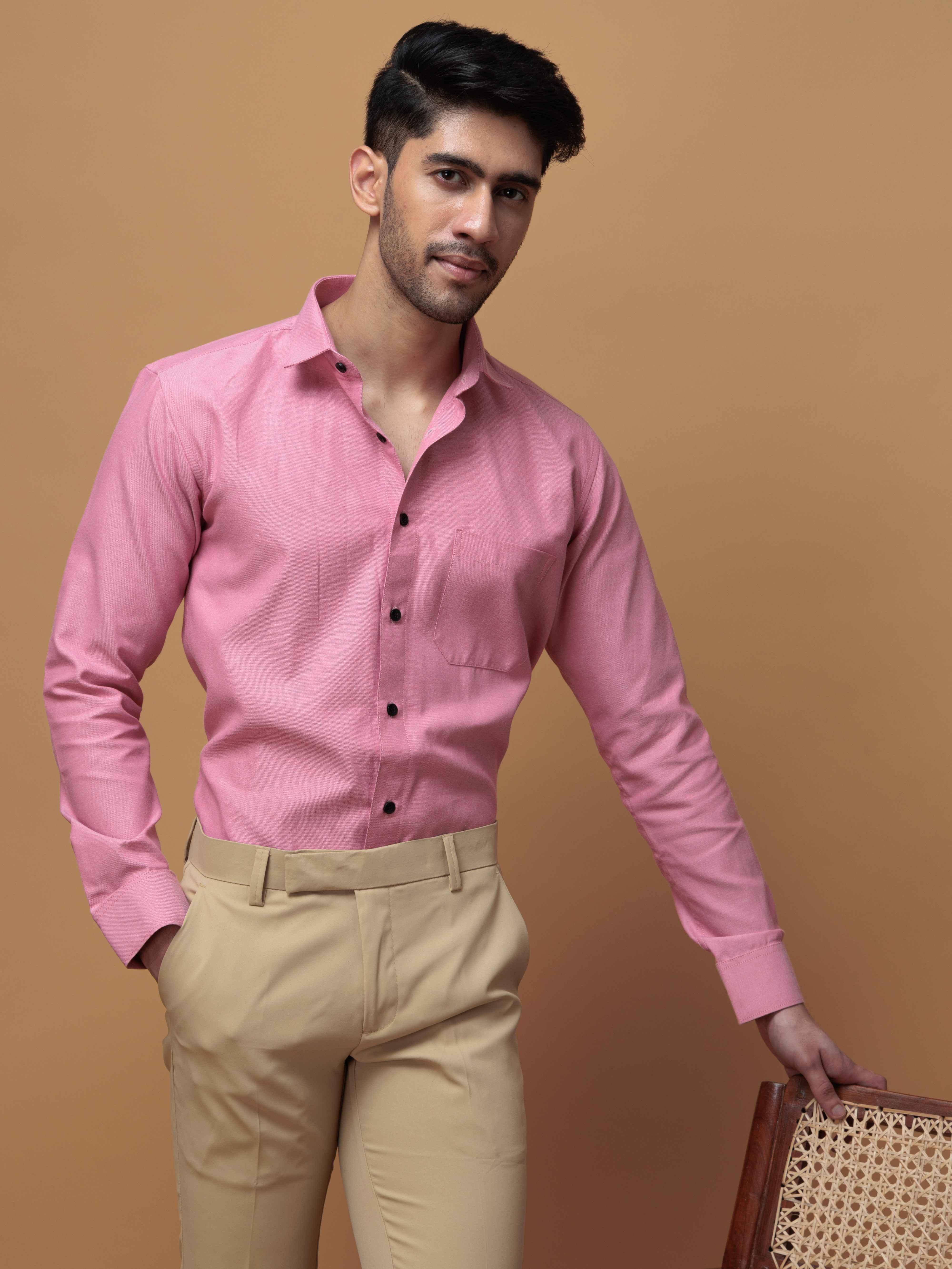 FORMAL PINK PLAIN OXFORD COTTON CASUAL SHIRT FOR MEN'S - Image 3